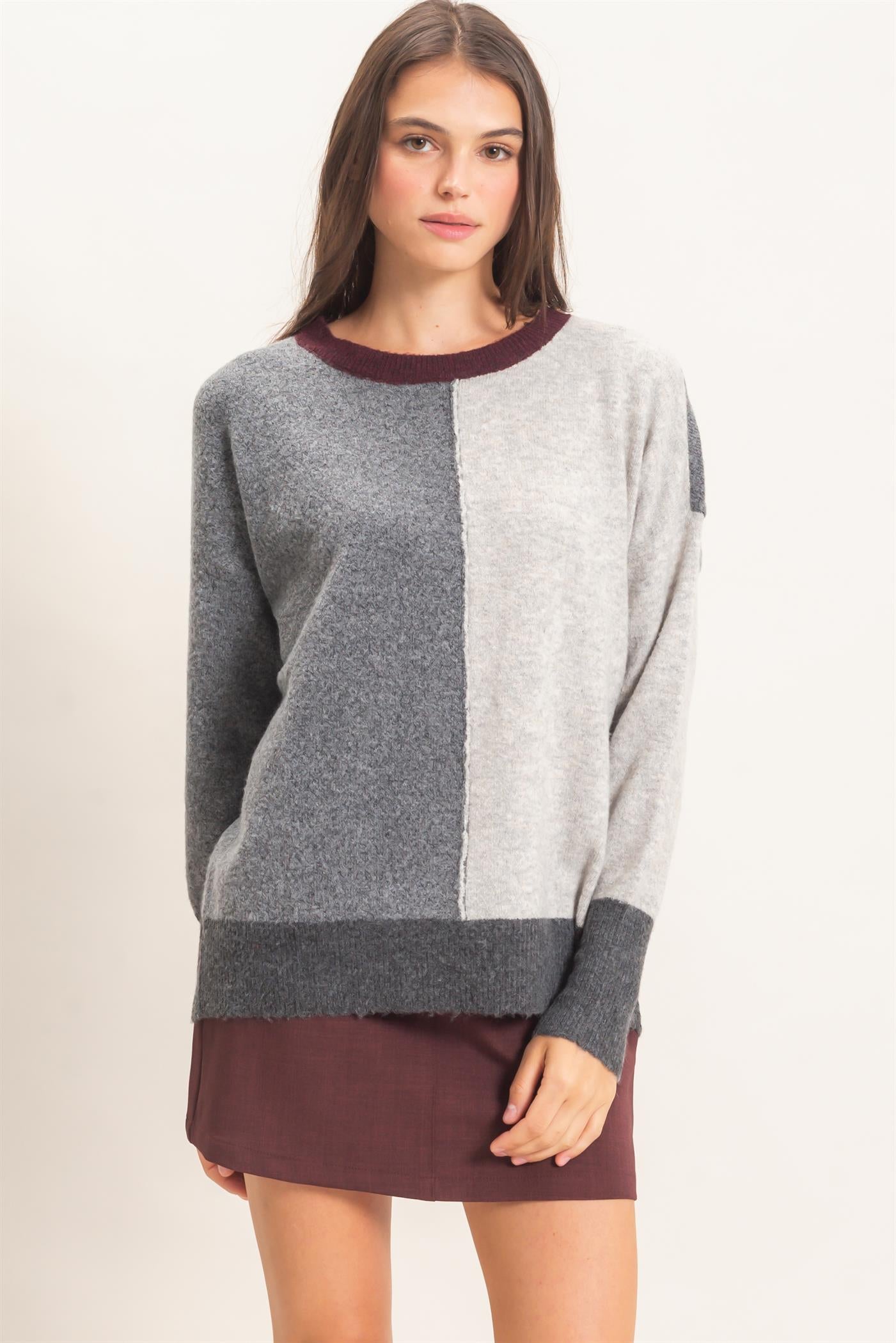 Wholesale Colorblock Crew Neck Sweater Sweaters HF26E151 CHARCOAL HYFVE