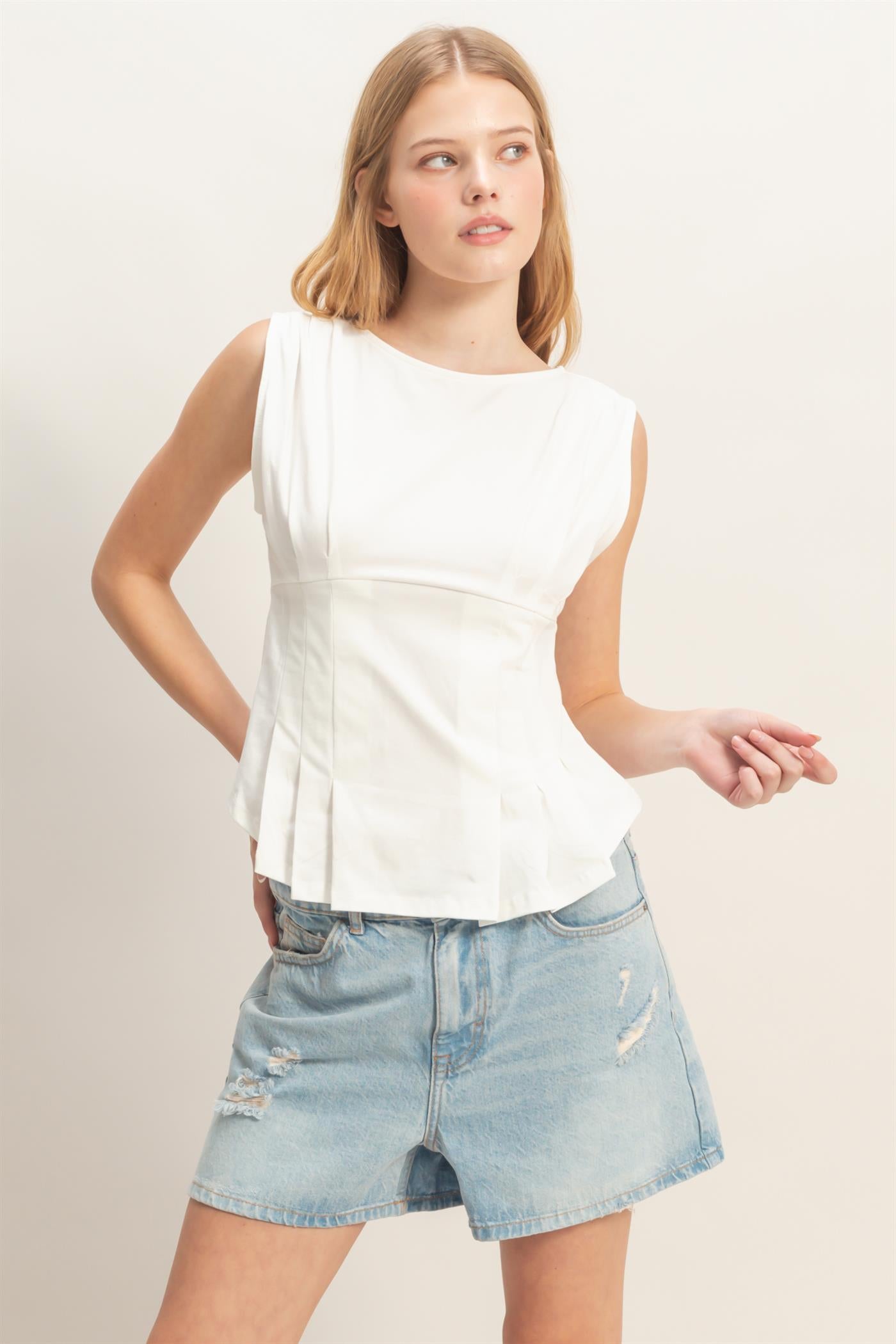 Wholesale Sleeveless Peplum Top Clothing Tops HF26A773 IVORY HYFVE