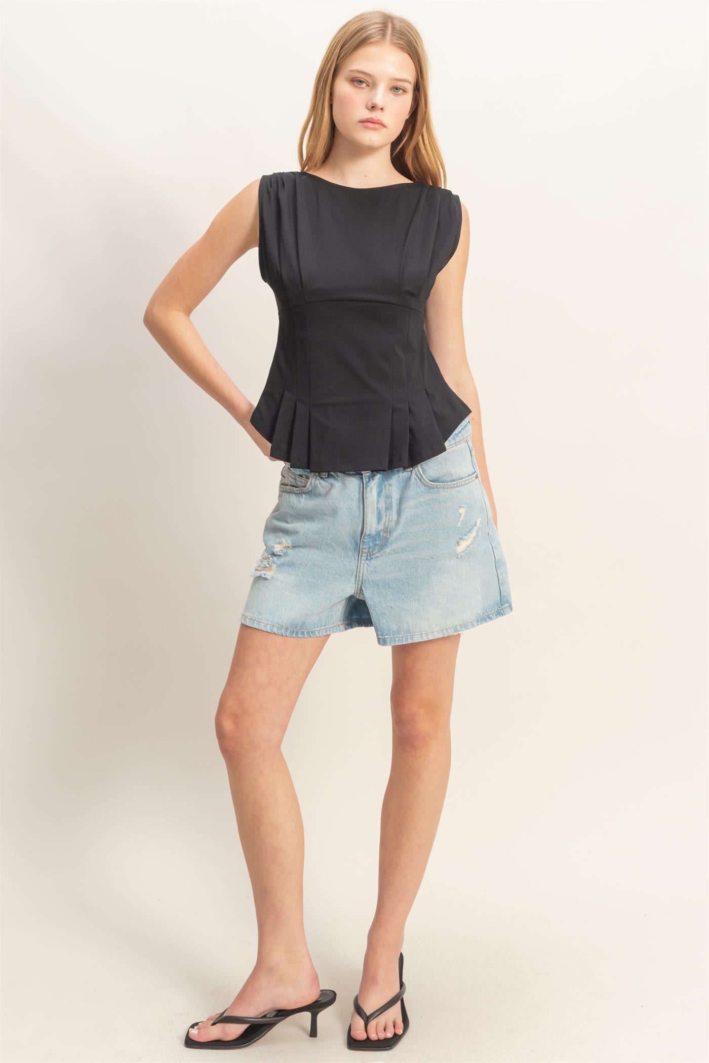 Wholesale Sleeveless Peplum Top Clothing Tops HF26A773 BLACK HYFVE