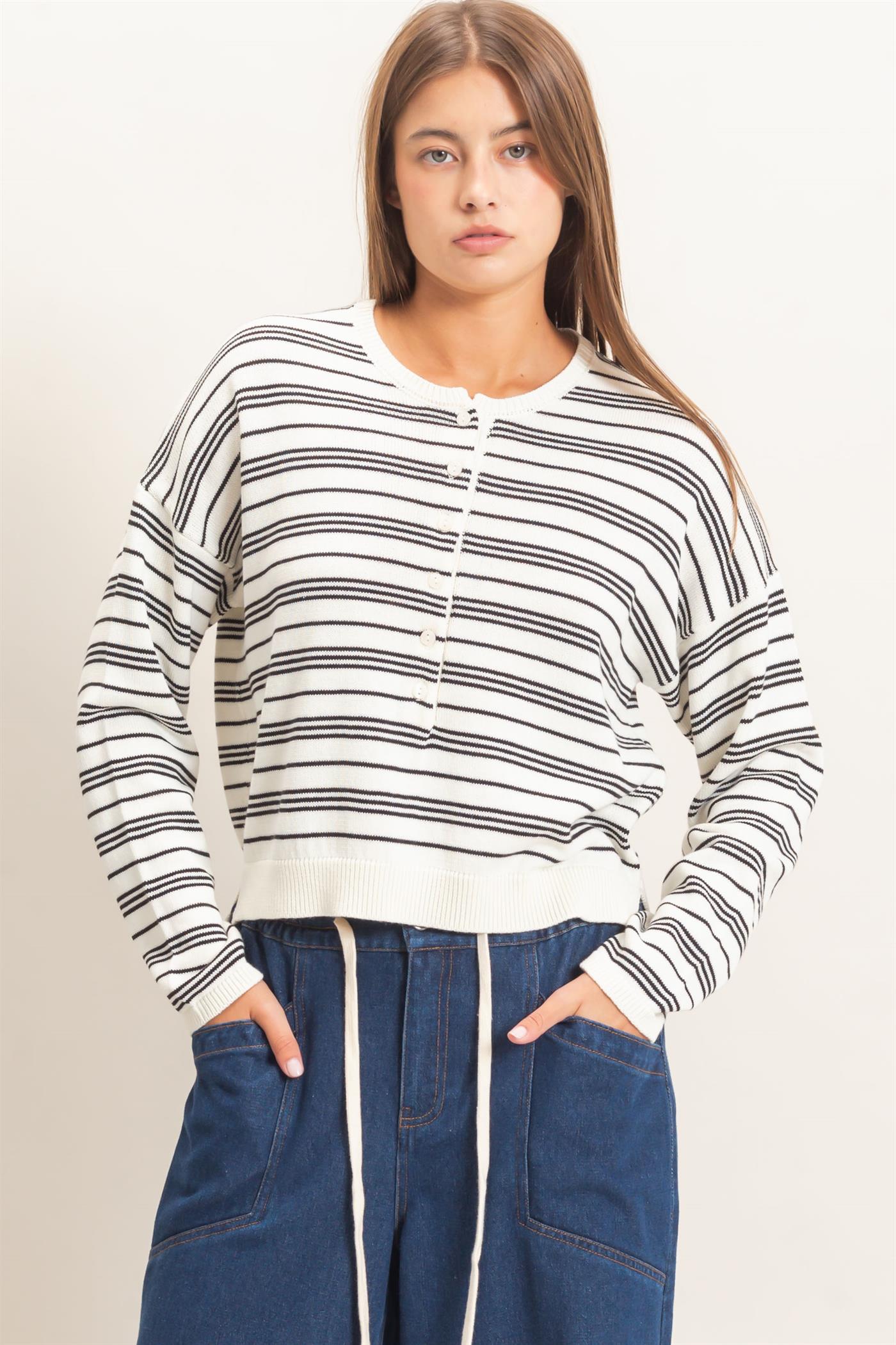 Wholesale Striped Henley Sweater Sweaters DZ26E113 CREAM DOUBLE ZERO