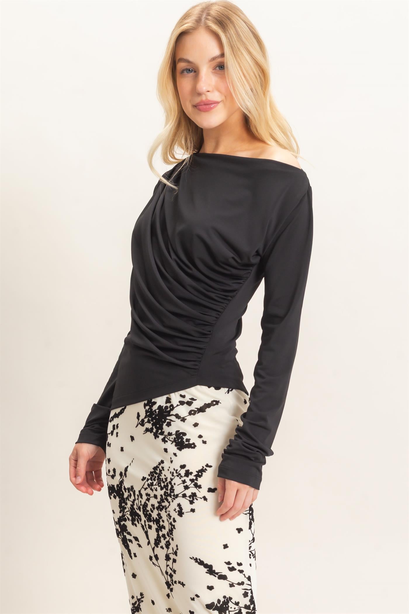 Wholesale Asymmetrical Ruched Long Sleeve Top Clothing Tops HF26C683 BLACK HYFVE
