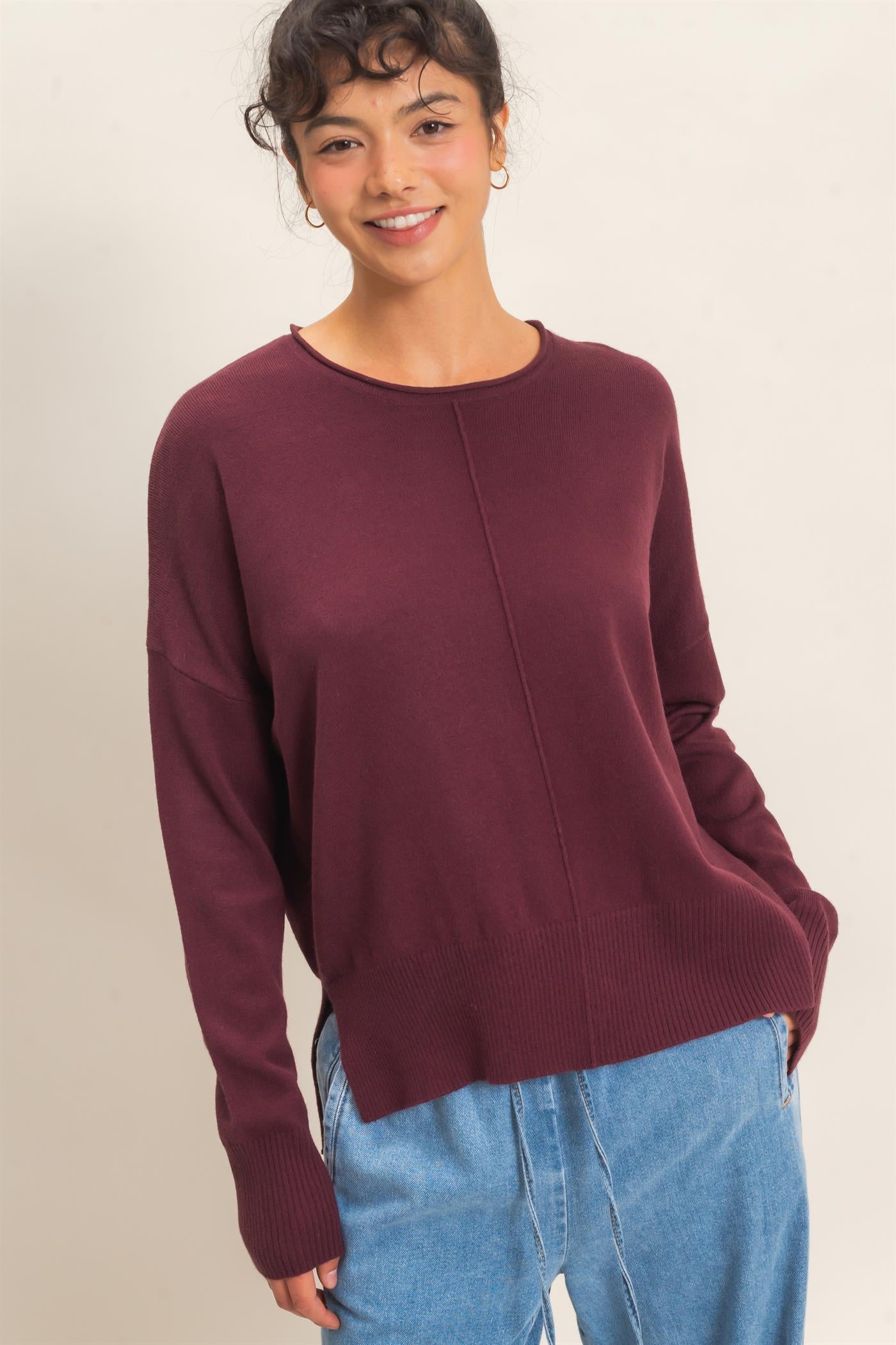 Wholesale Roll Neck Seam Detail Sweater Sweaters DZ26C975 DARK CHERRY DOUBLE ZERO