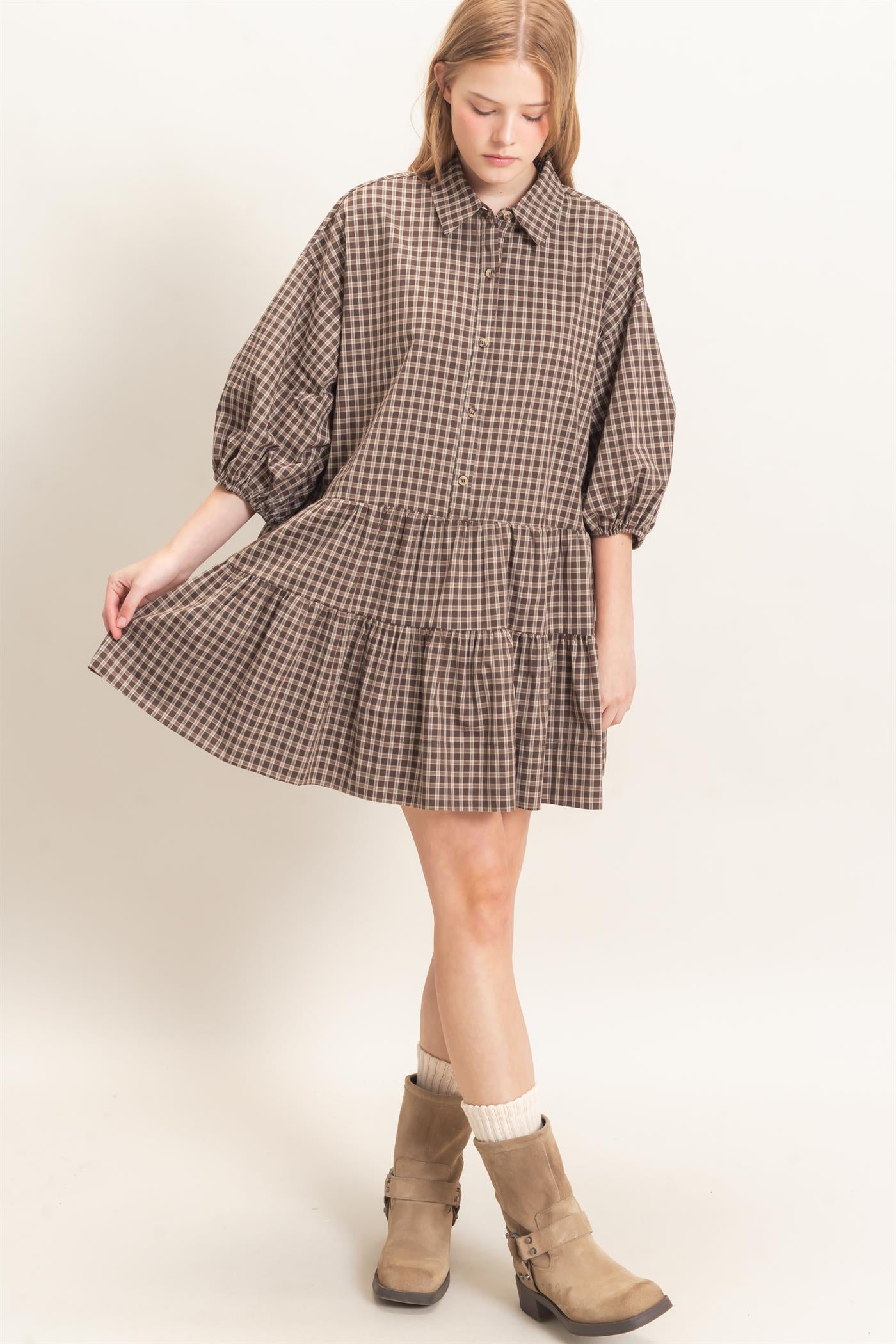 Wholesale Plaid Button-Down Tiered Dress Dresses HF26E795 BROWN HYFVE