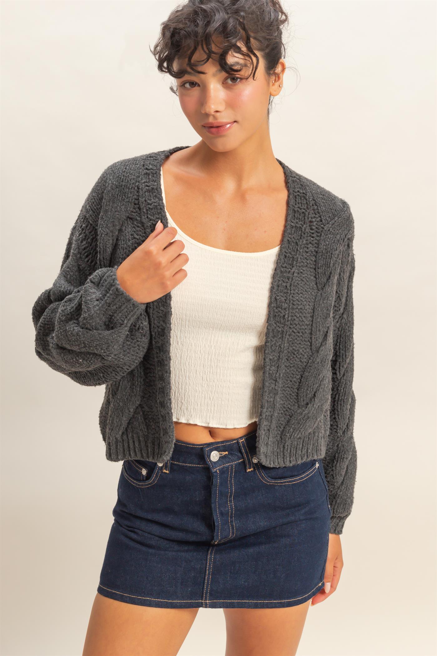 Wholesale Oversized Cable Knit Open Front Cardigan Sweater Cardigans DZ25F072 CHARCOAL DOUBLE ZERO