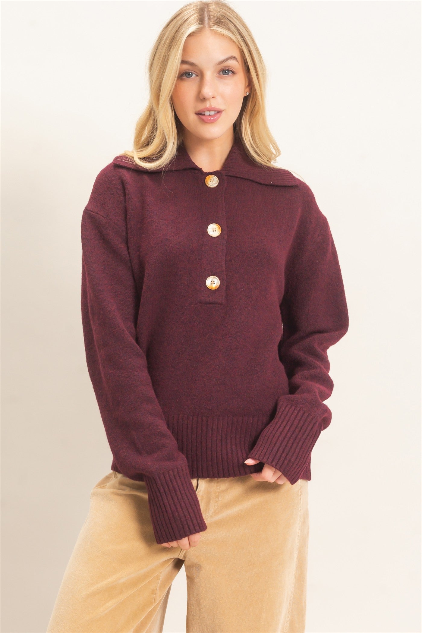 Wholesale Button-Up Collared Sweater Sweaters HF26E752 BURGUNDY HYFVE
