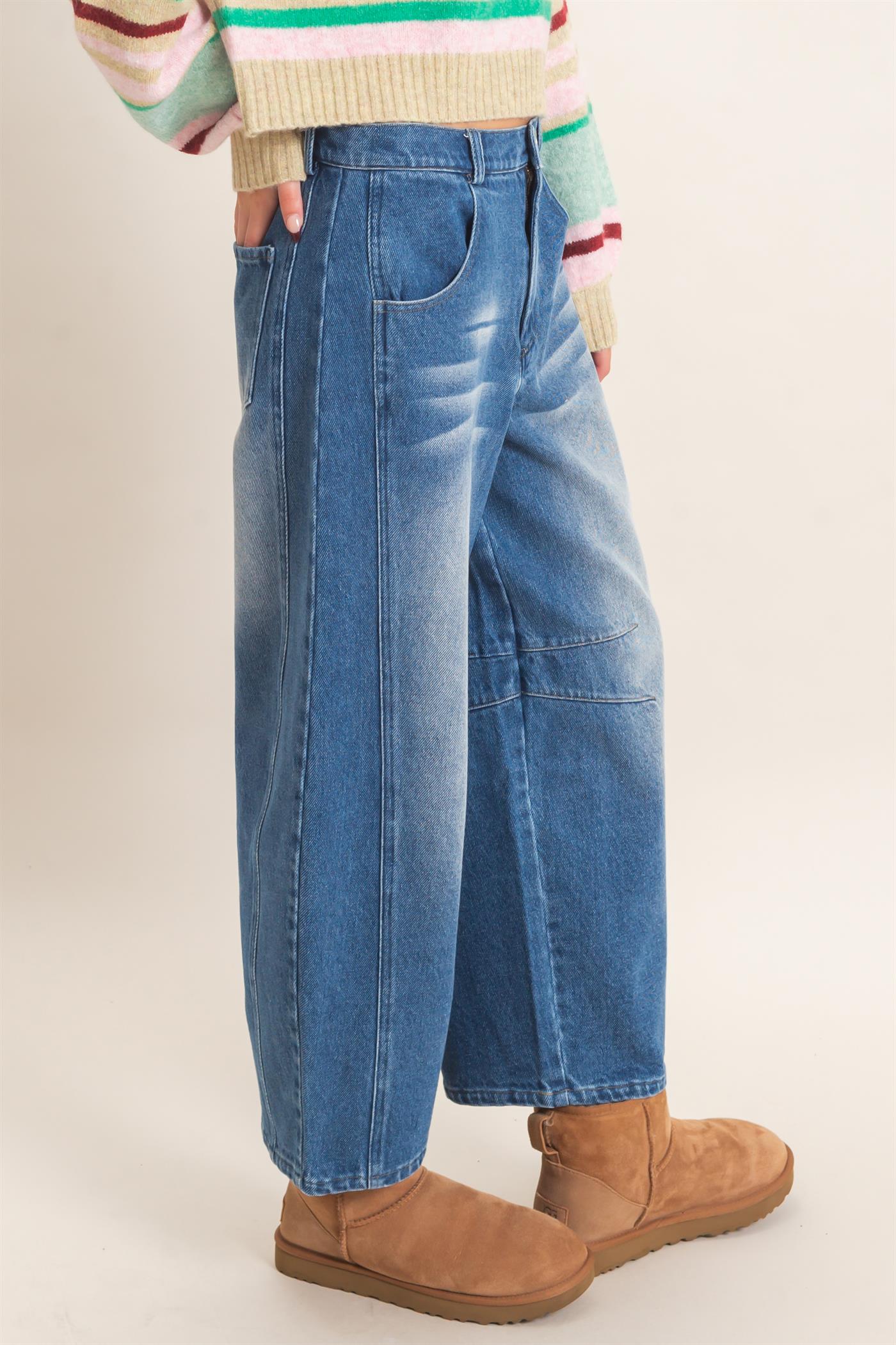Wholesale Enzyme Wash Barrel Jeans Pants HF26E060 DARK BLUE HYFVE