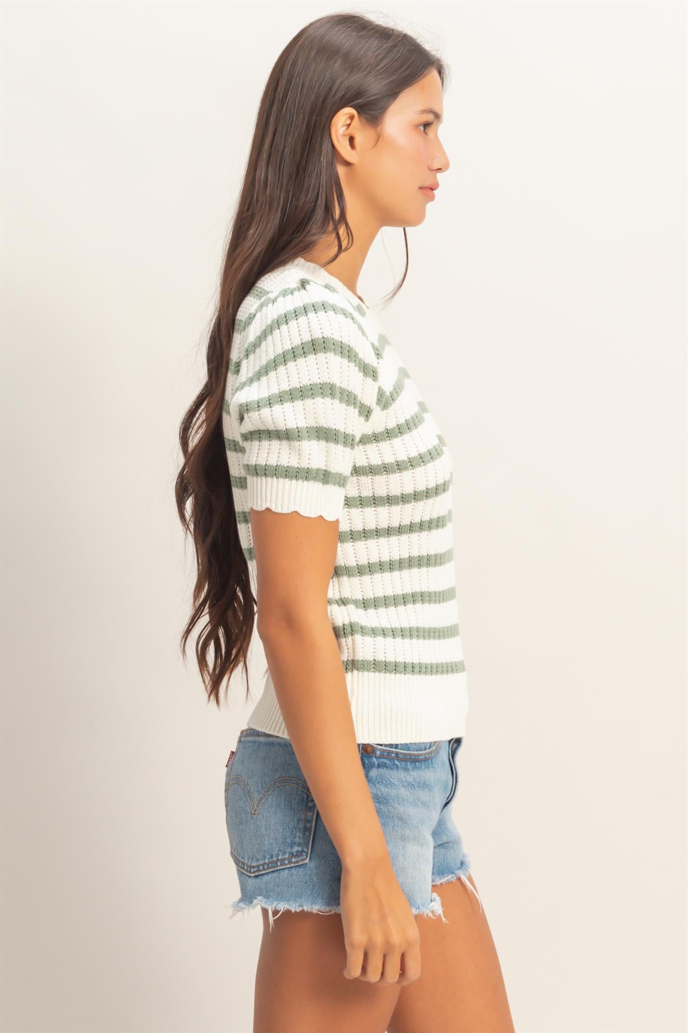 Wholesale Striped Scallop Edge Puff Sleeve Knit Top Shirts DZ26A284 SAGE GREEN DOUBLE ZERO
