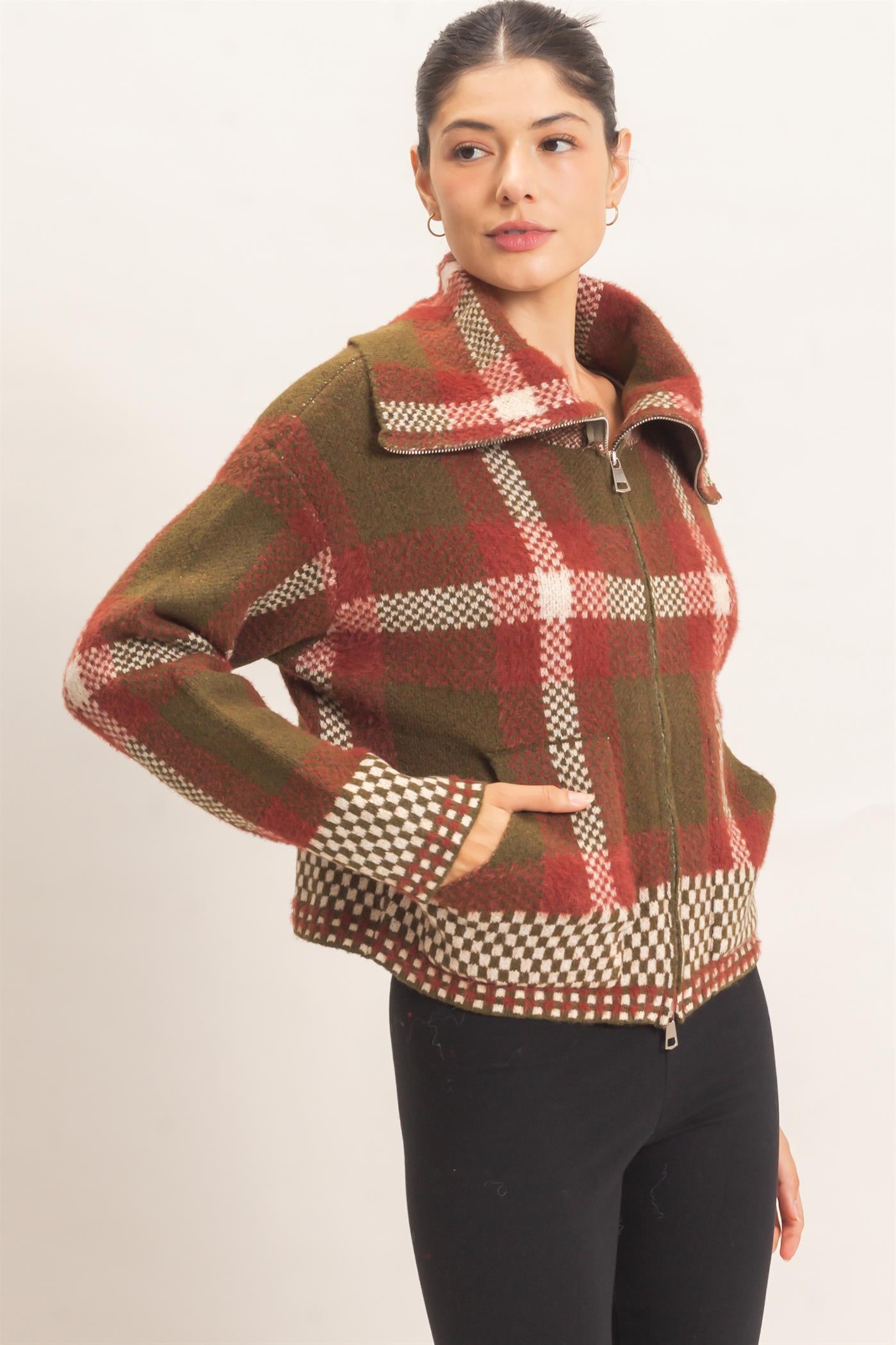 Wholesale Wide Collar Plaid Zip-Up Sweater Cardigans HF26E898 OLIVE COMBO HYFVE