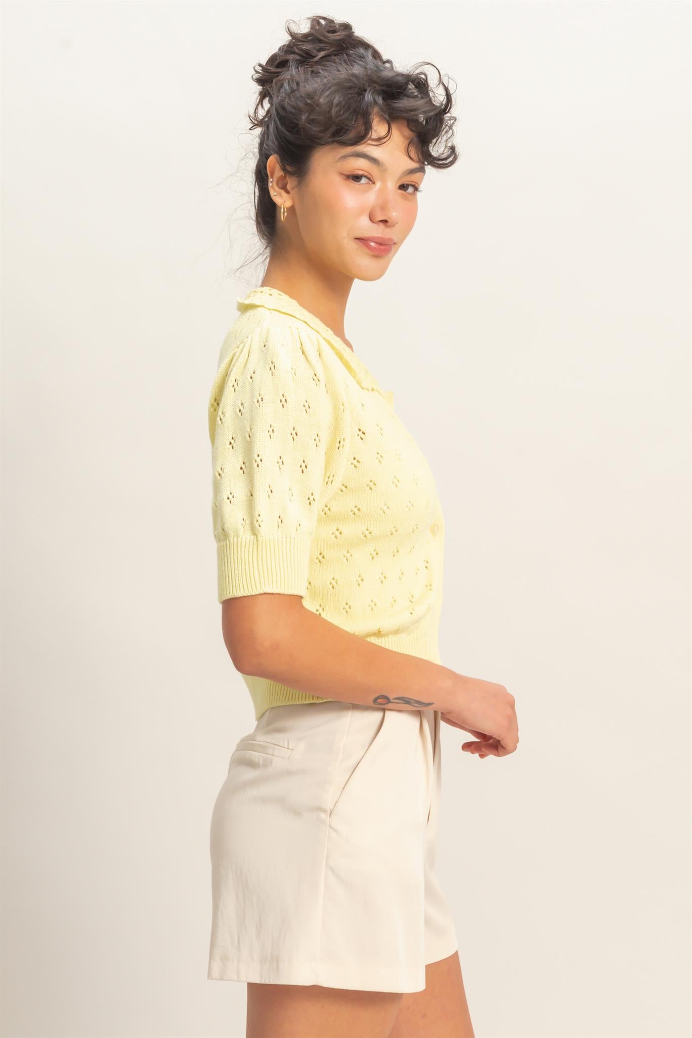 Wholesale Pointelle Collar Button-Up Puff Sleeve Knit Top Clothing Tops DZ26A748 PALE YELLOW HYFVE