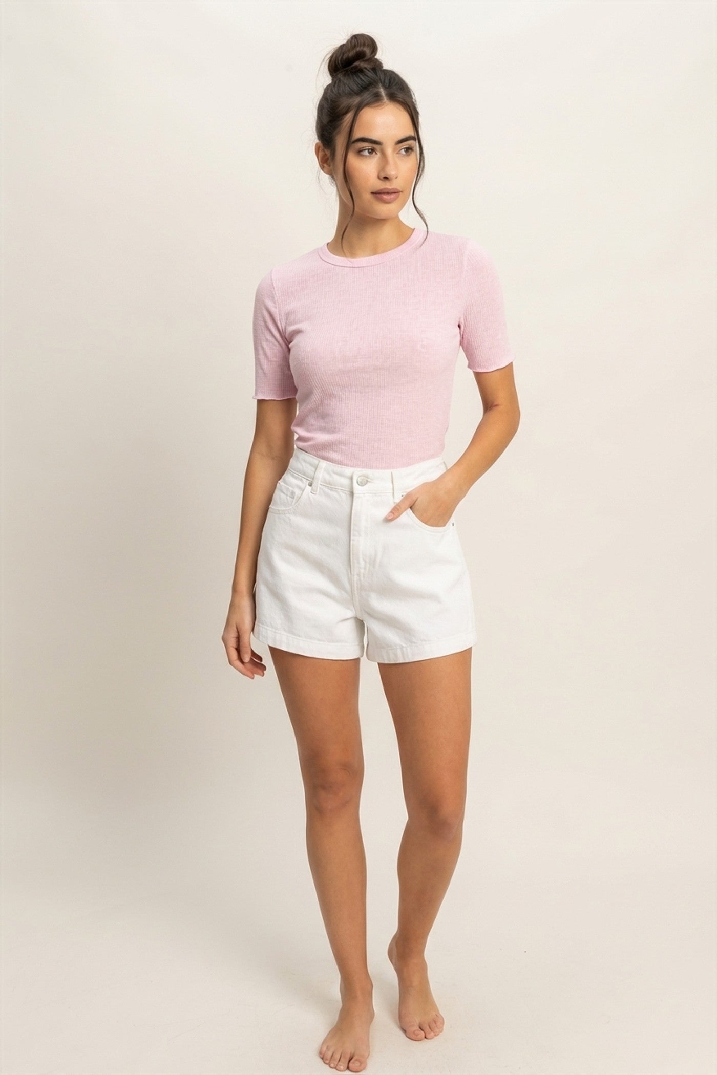 Wholesale Ribbed Short Sleeve Top Clothing Tops DZ24C197 PALE PINK DOUBLE ZERO