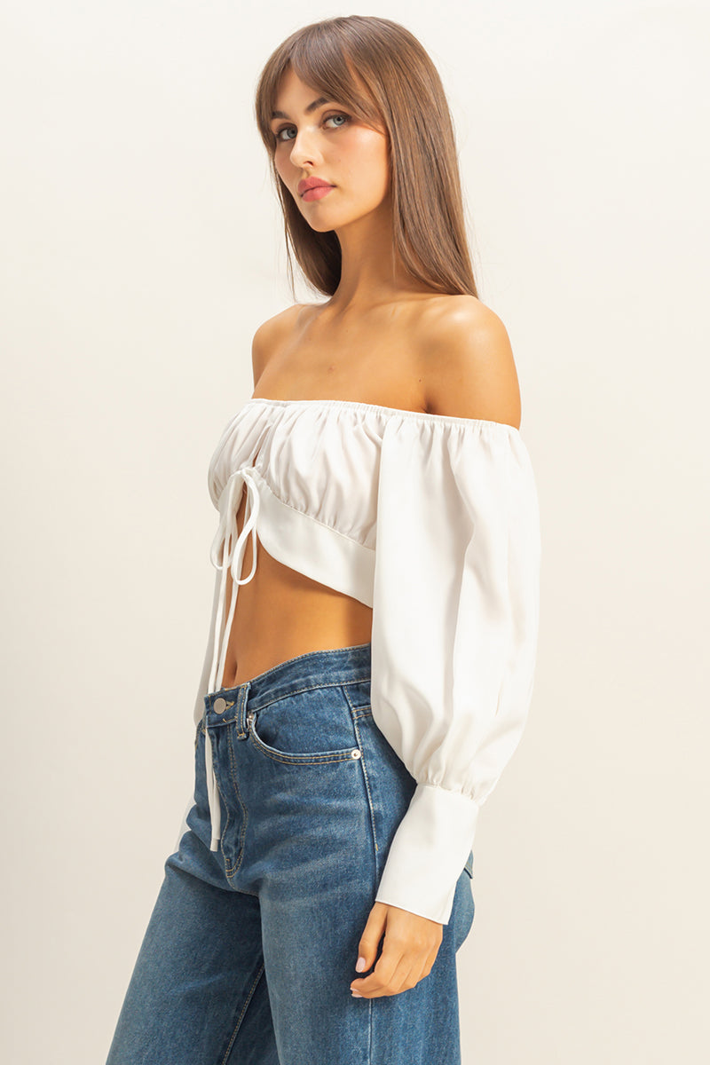 Wholesale Off The Shoulder Satin Crop Top Clothing Tops FS22E582 OFF WHITE HYFVE