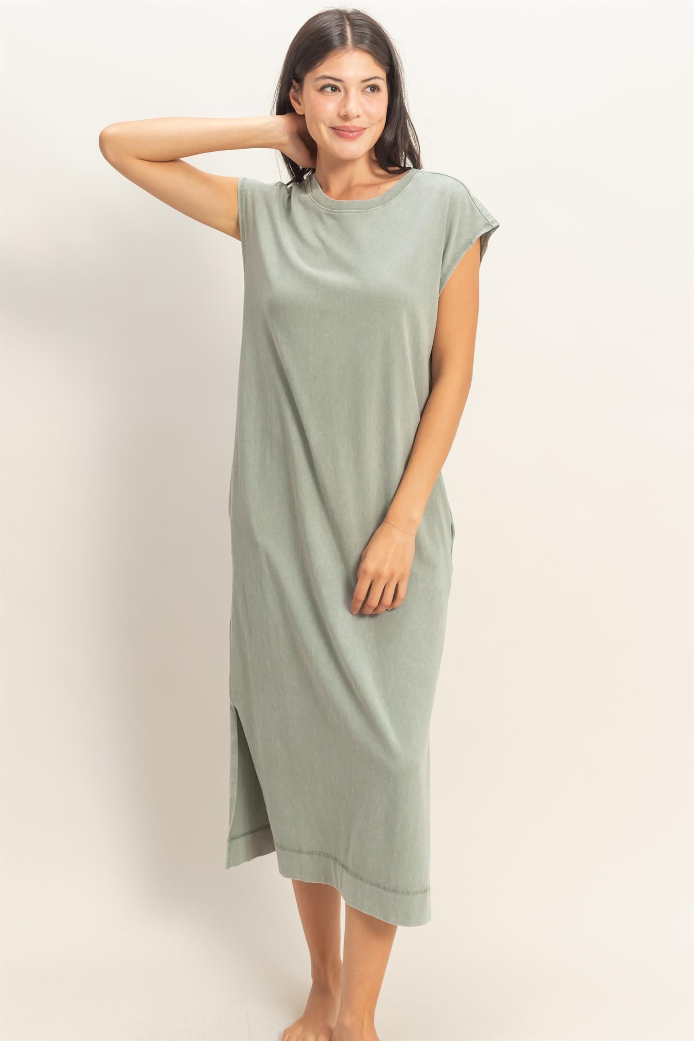 Wholesale Mineral Wash Cap Sleeve Midi Dress Dresses DZ26A049 SAGE GREEN DOUBLE ZERO