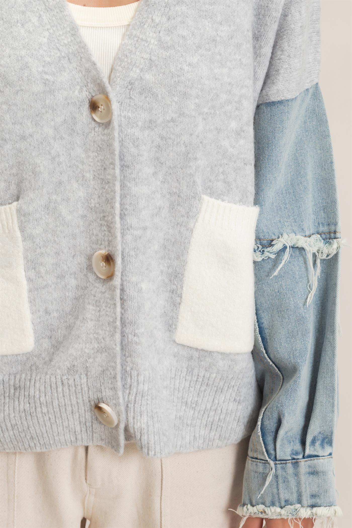 Wholesale V-Neck Cardigan With Distressed Denim Sleeves Cardigans HF26E838 LIGHT GRAY HYFVE
