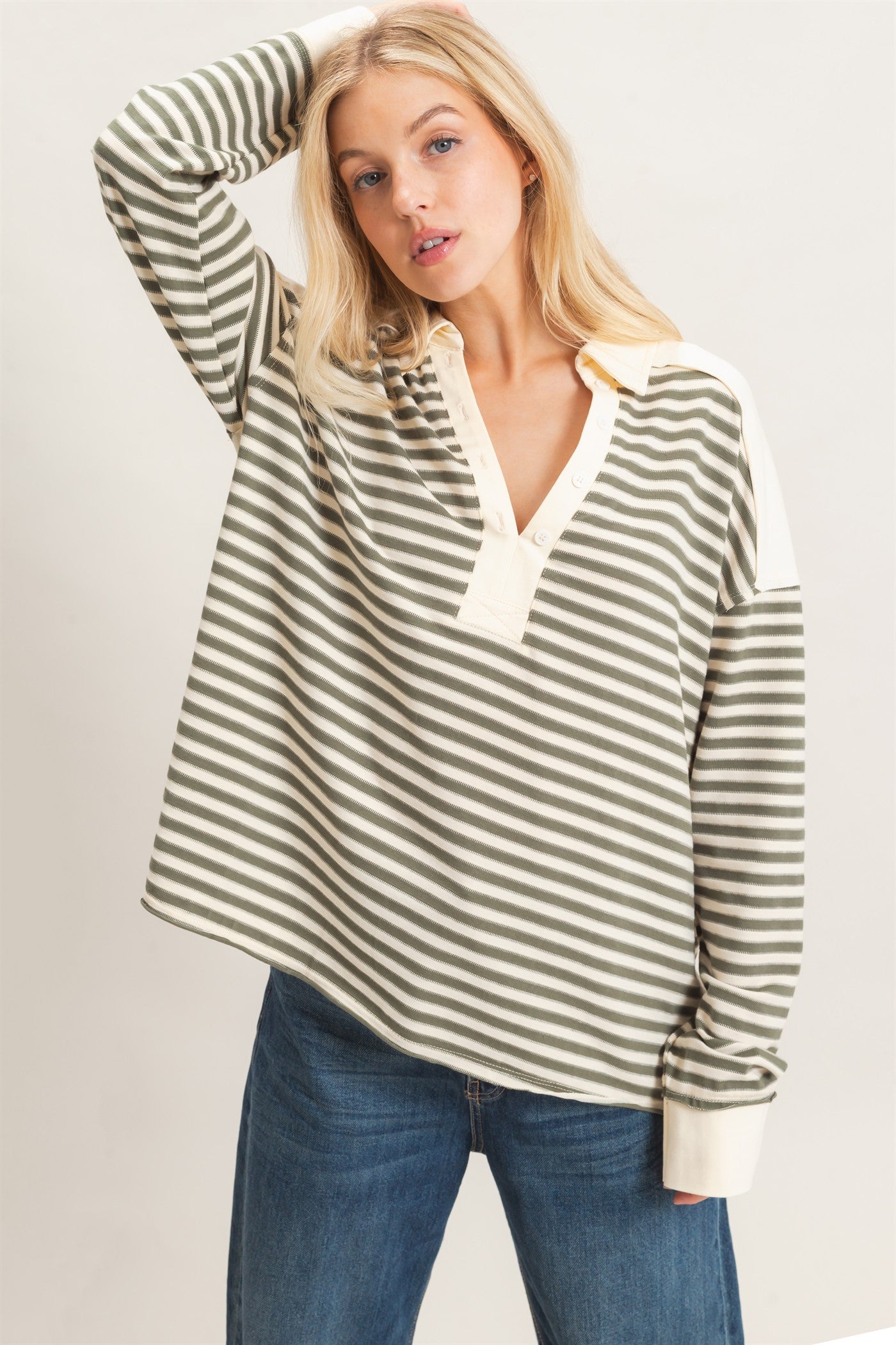 Wholesale Striped Henley Sweatshirt Clothing Tops HF26F089 OLIVE GRAY HYFVE