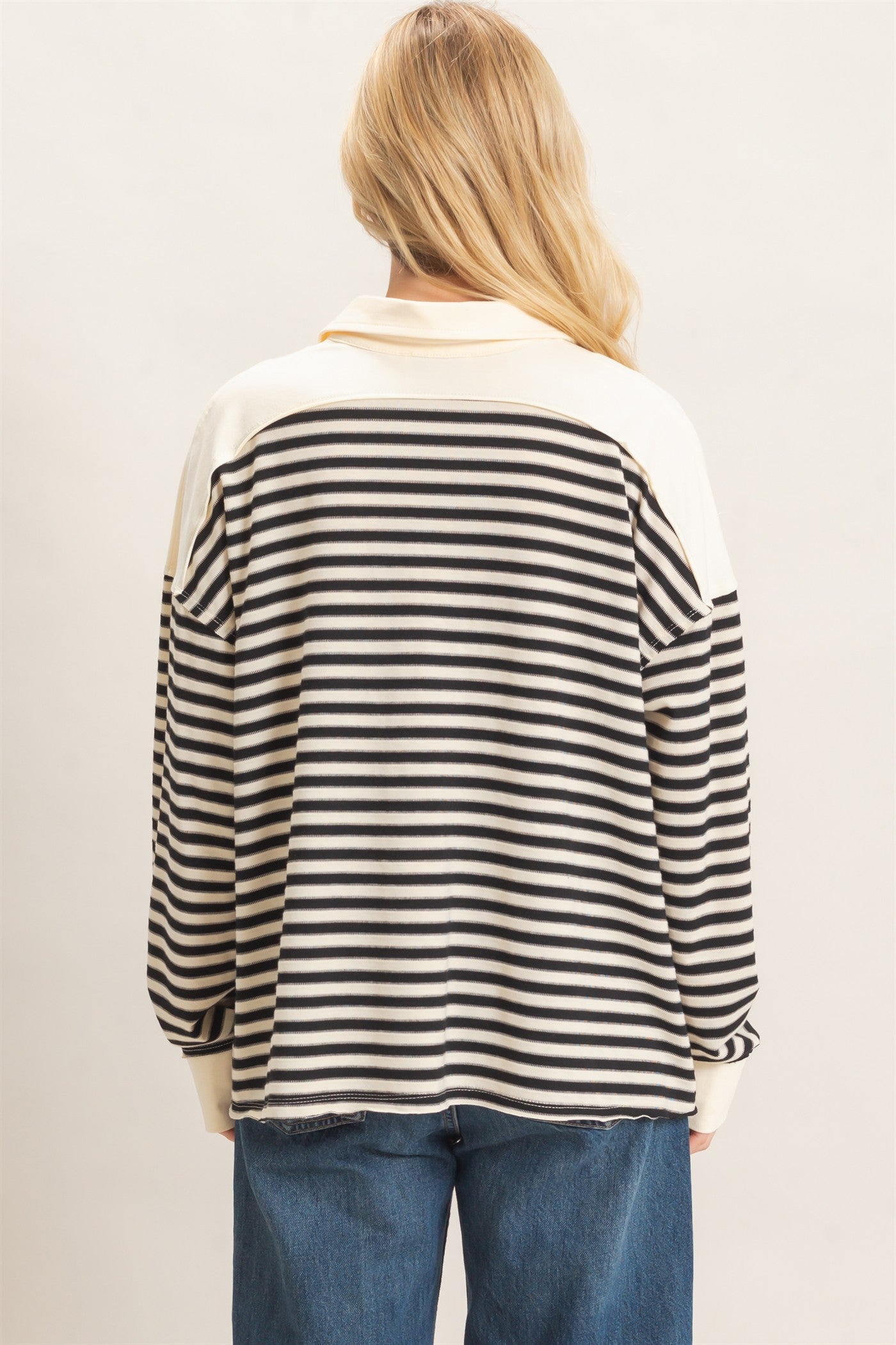Wholesale Striped Henley Sweatshirt Clothing Tops HF26F089 BLACK HYFVE