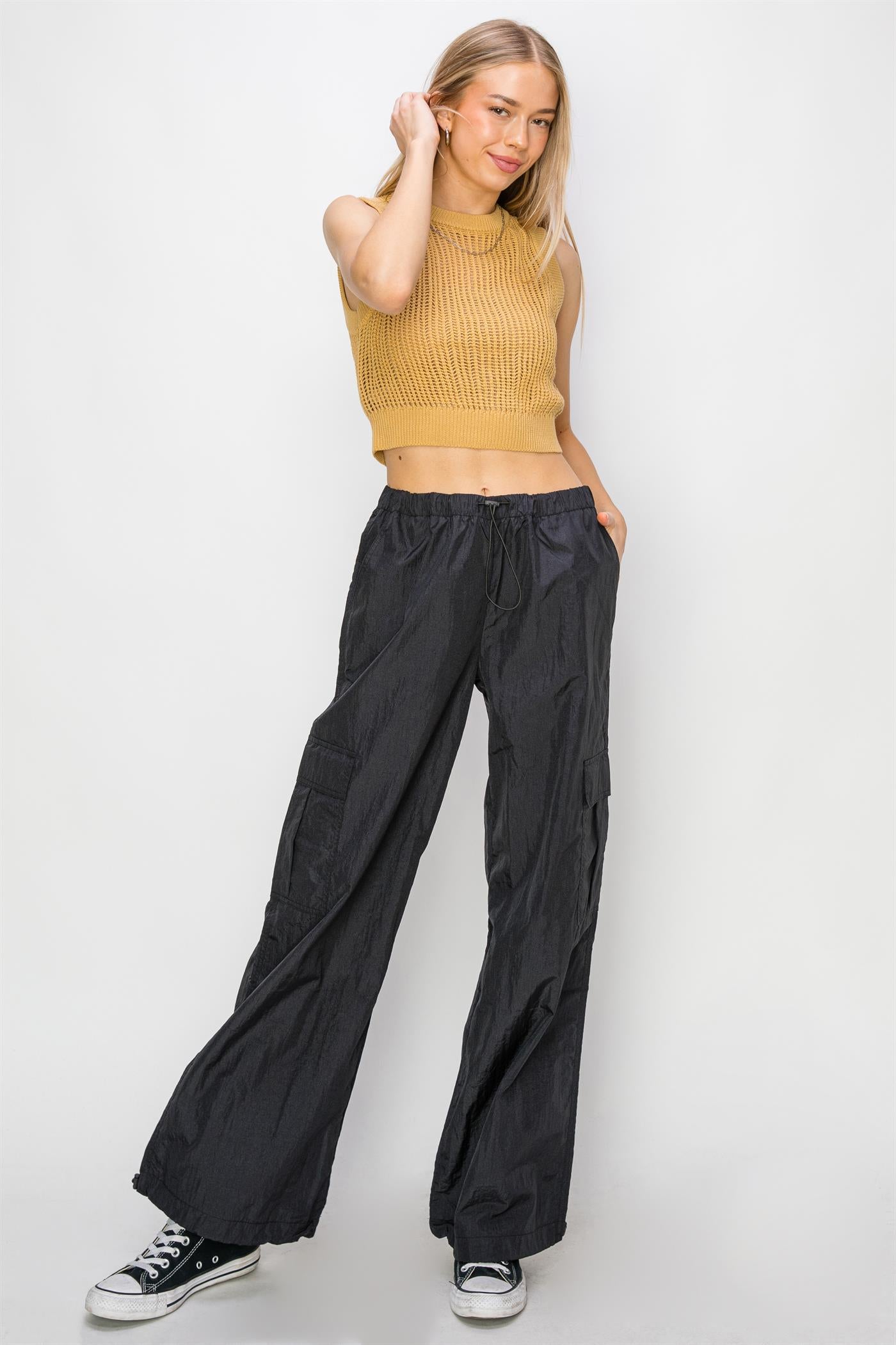 Wholesale Low Rise Parachute Cargo Pants Pants DZ24C809 BLACK DOUBLE ZERO
