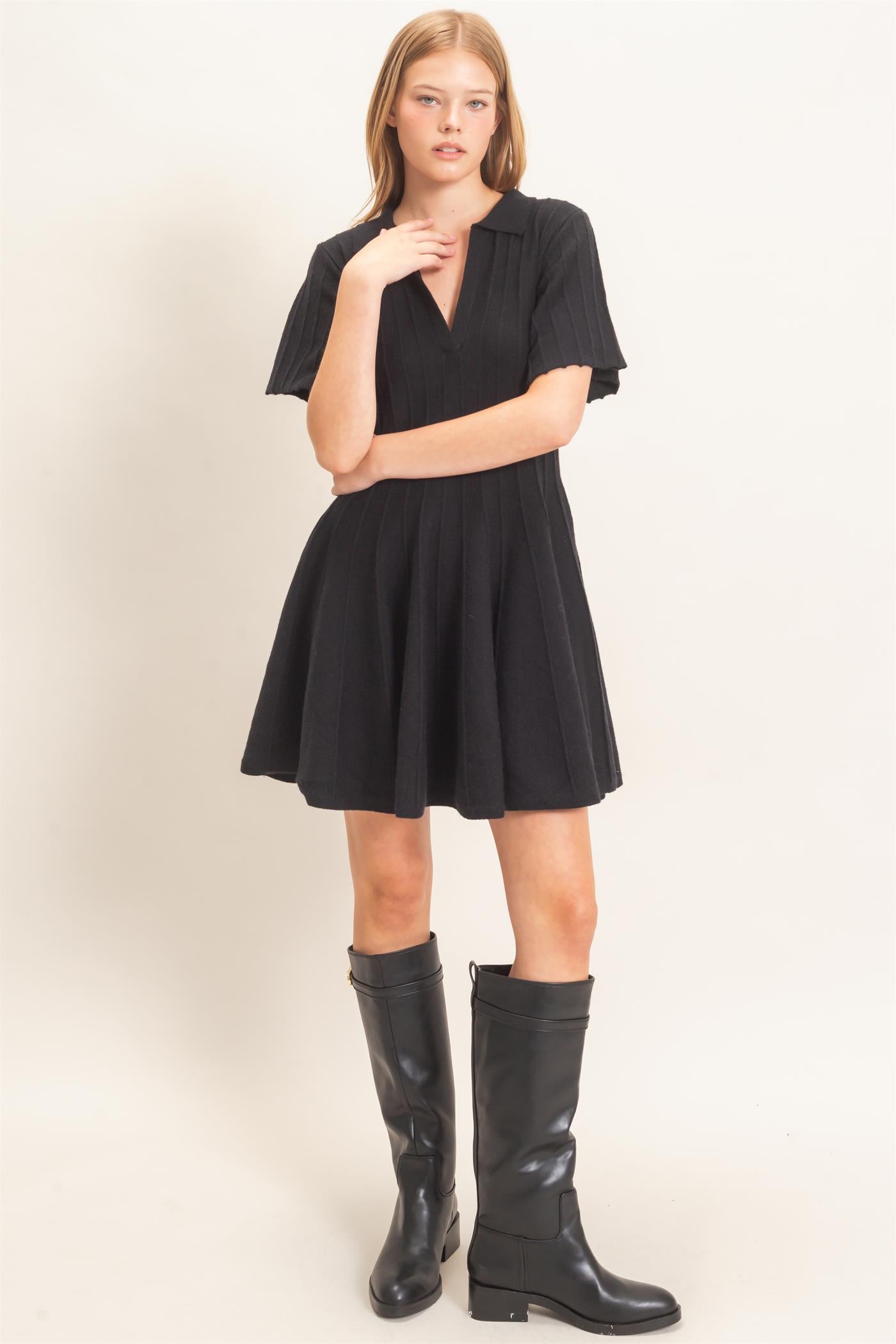 Wholesale Ribbed Knit Collared Dress Dresses HF26E365 BLACK HYFVE