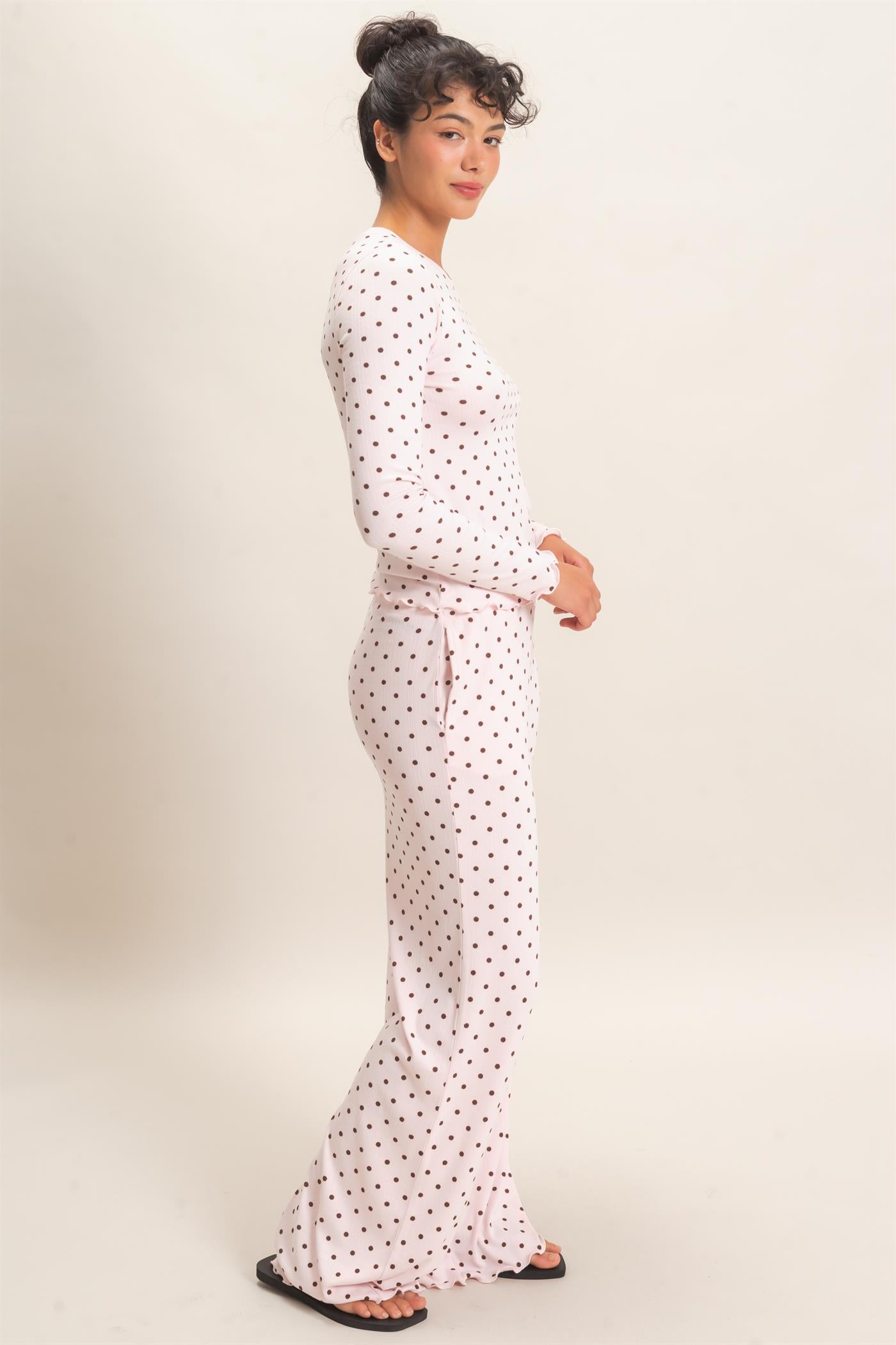 Wholesale Polka Dot Long Sleeve Top & Pants Set Clothing DZ26E914-SET LIGHT PINK DOUBLE ZERO