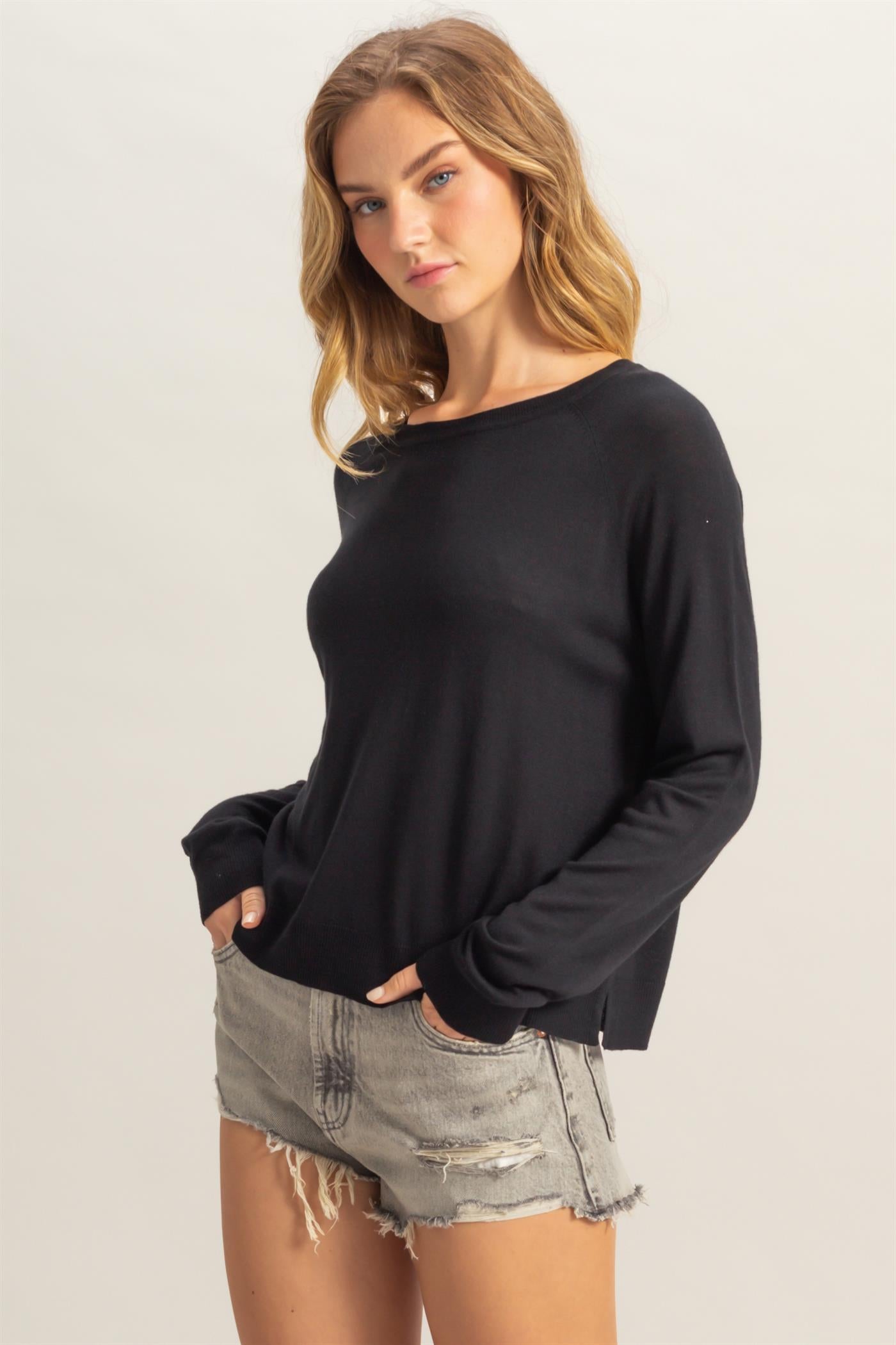 Wholesale Round Neck Raglan Sleeve Knit Top Sweaters DZ25C061 BLACK DOUBLE ZERO