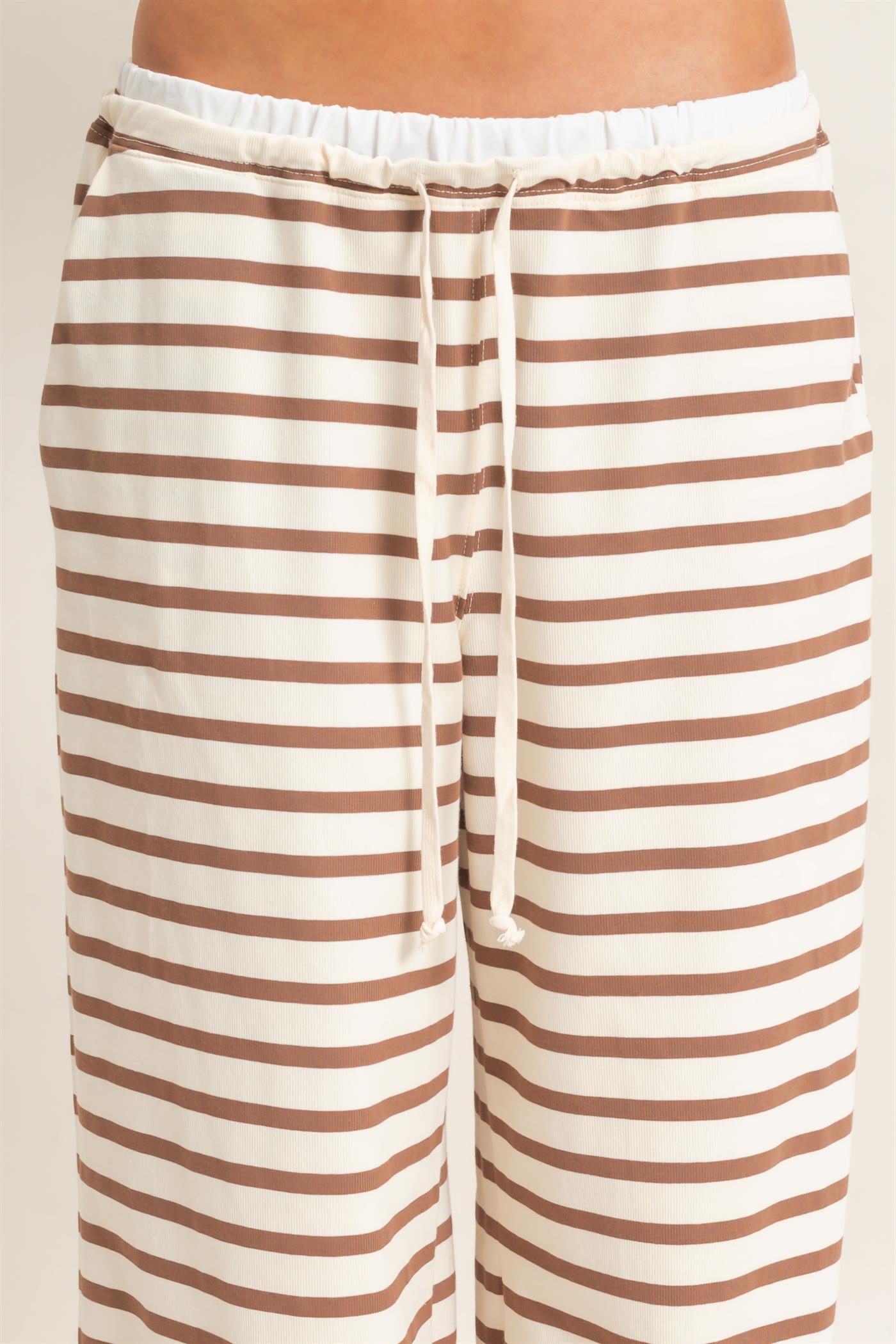 Wholesale Striped Wide-Leg Pants Pants HF26F229-D CREAM/ BROWN HYFVE