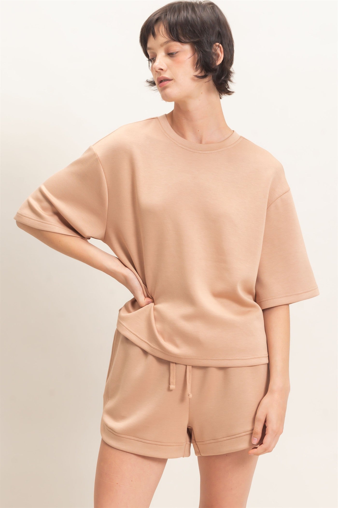 Wholesale Loose Fit Crew Neck Short Sleeve Top Clothing Tops DZ26C965 DARK TAUPE DOUBLE ZERO