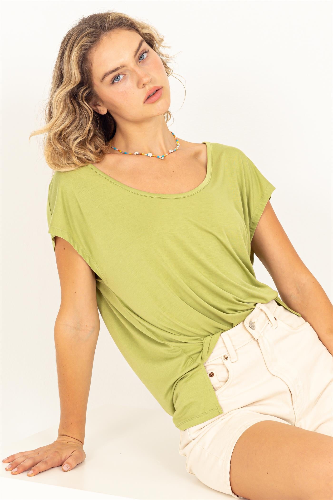 Wholesale Scoop Neck Short Sleeves Top Clothing Tops DZ23C788 PALE OLIVE DOUBLE ZERO