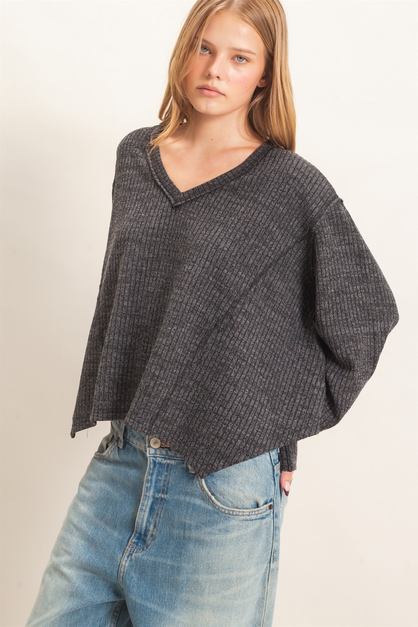Wholesale Ribbed V-Neck Knit Top Shirts HF26F351 BLACK HYFVE