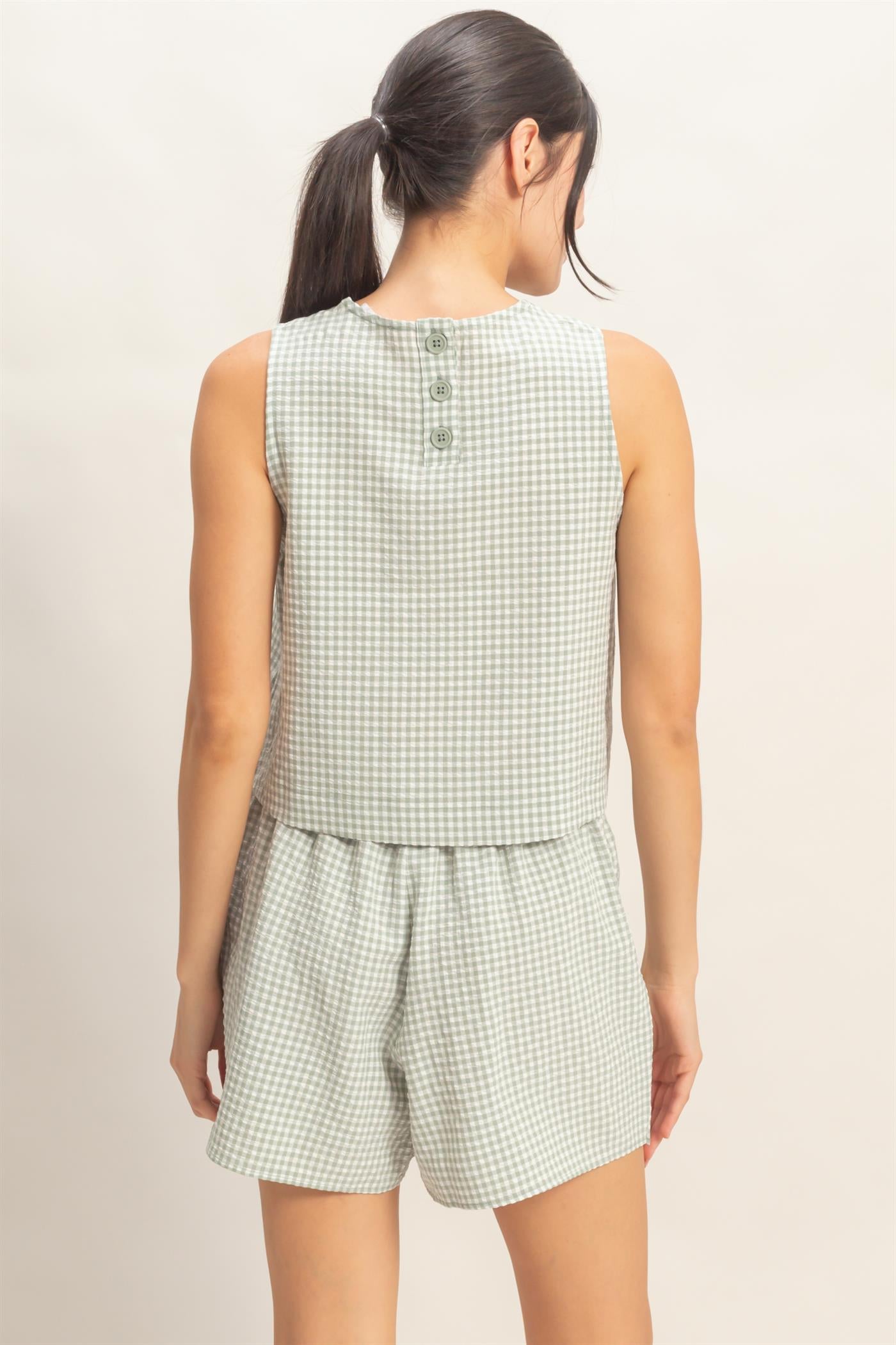 Wholesale Gingham Checkered Sleeveless Top And Skort Set Clothing DZ26C688-SET SAGE GREEN DOUBLE ZERO