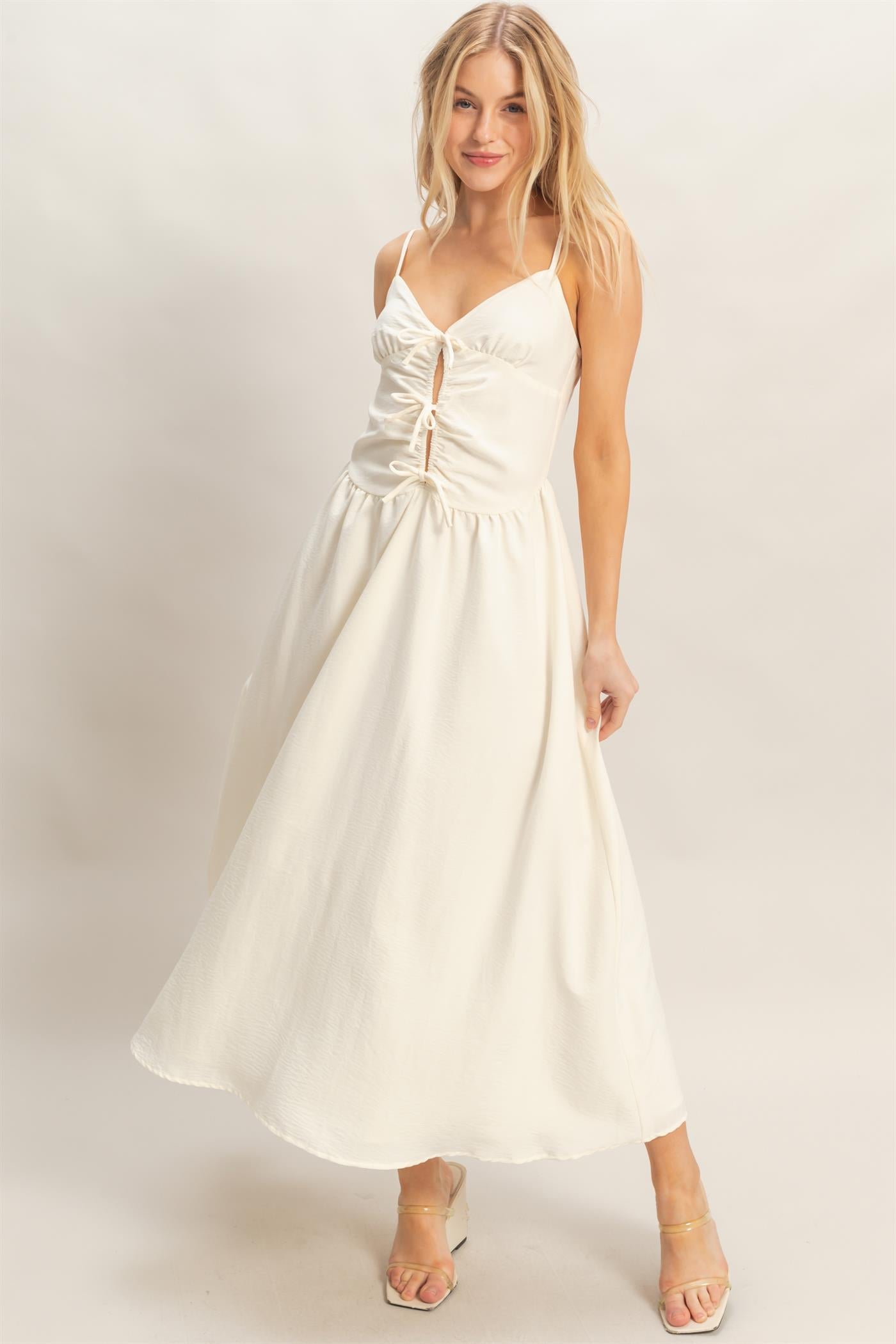 Wholesale Spaghetti Strap Ruched Dress Dresses HF26A011 CREAM HYFVE