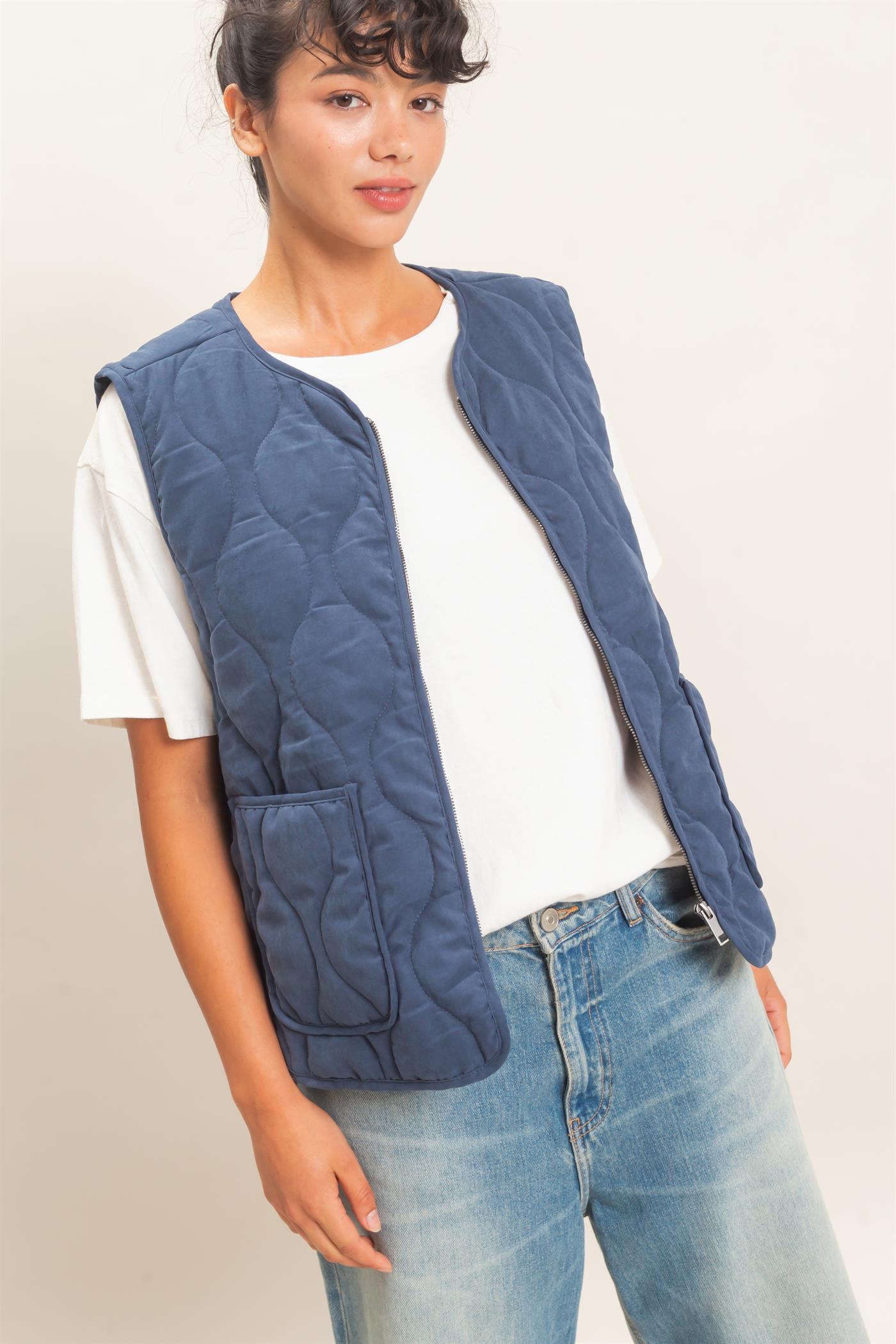 Wholesale Quilted Vest With Pockets Vests DZ26F336 NAVY DOUBLE ZERO