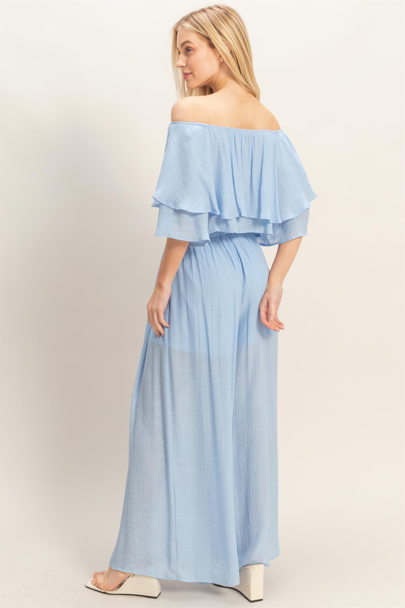 Wholesale Off Shoulder Top & Pleated Pant Set Clothing HF26C291-SET-D POWDER BLUE HYFVE
