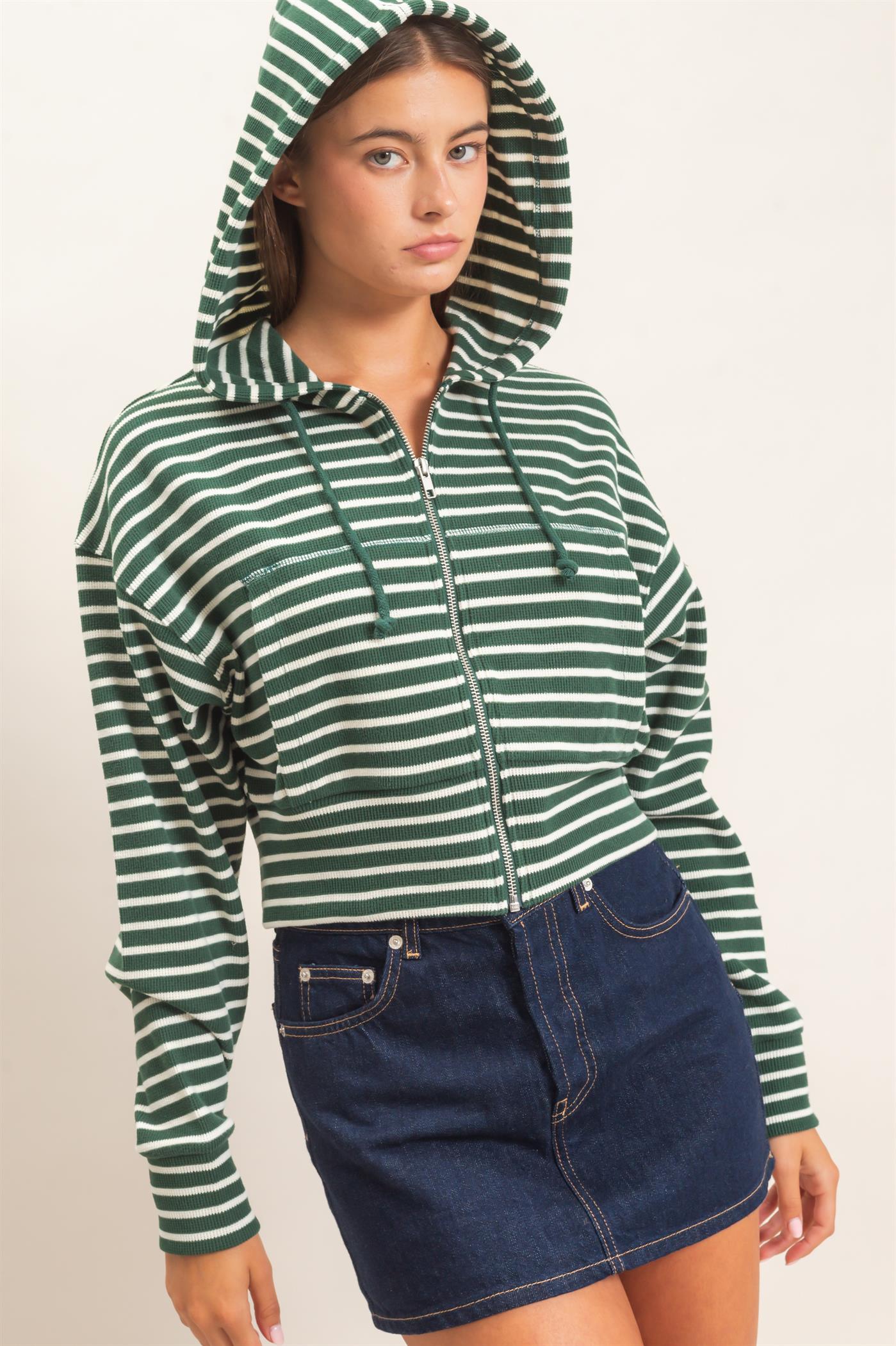 Wholesale Striped Zip-Up Hoodie Hoodies DZ26E433 DARK GREEN DOUBLE ZERO