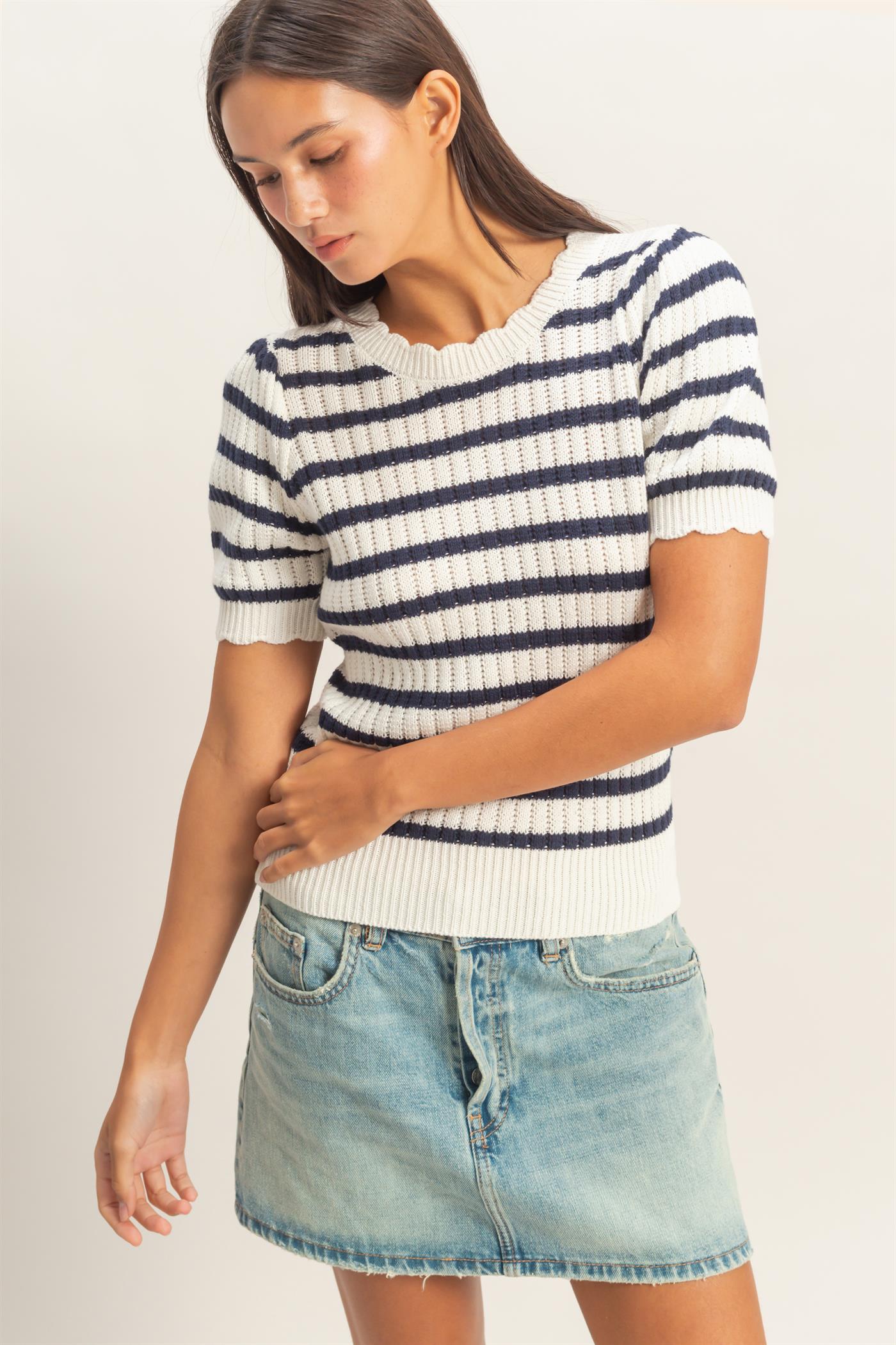 Wholesale Striped Scallop Edge Puff Sleeve Knit Top Shirts DZ26A284 NAVY DOUBLE ZERO