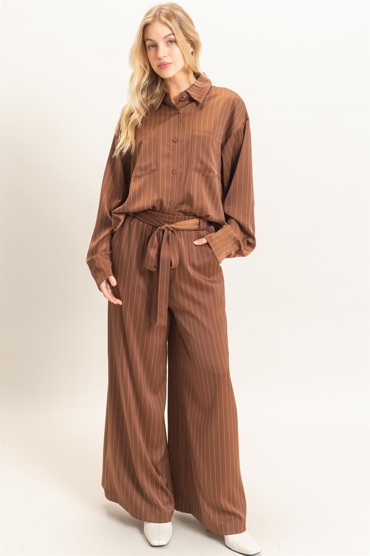 Wholesale Pinstripe Wide-Leg Pants Pants HF25F030 CHOCOLATE HYFVE