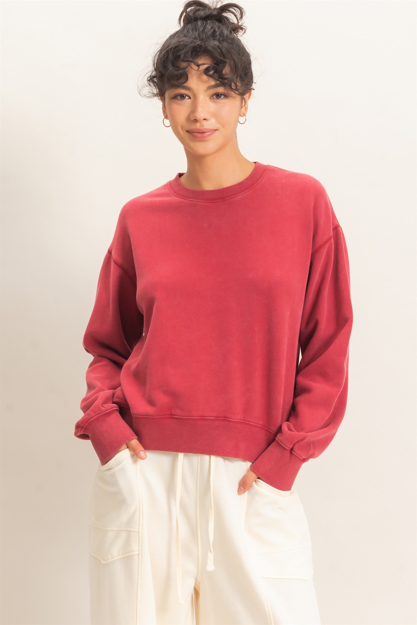 Wholesale Acid Wash Crew Neck Sweatshirt Sweatshirts DZ26E082 DARK RED DOUBLE ZERO