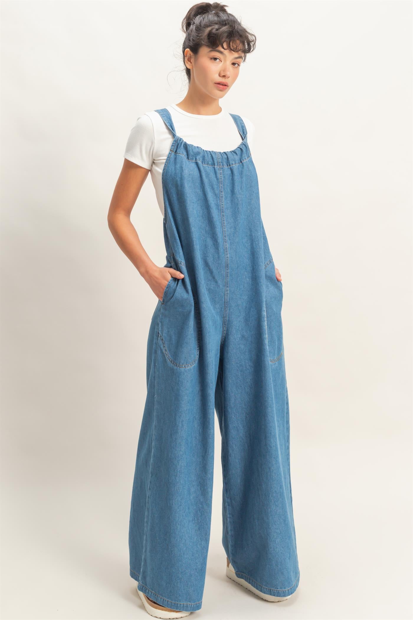 Wholesale Denim Adjustable Strap Jumpsuit Clothing DZ26C414 MEDIUM BLUE DOUBLE ZERO