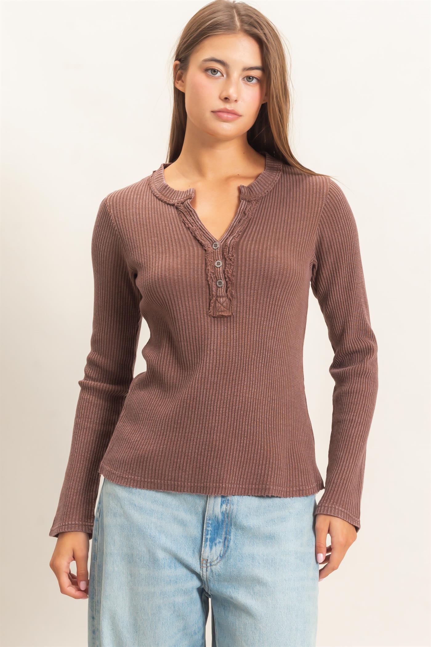 Wholesale Mineral Wash Waffle Henley Long Sleeve Top Clothing Tops DZ26E243 DARK BROWN DOUBLE ZERO