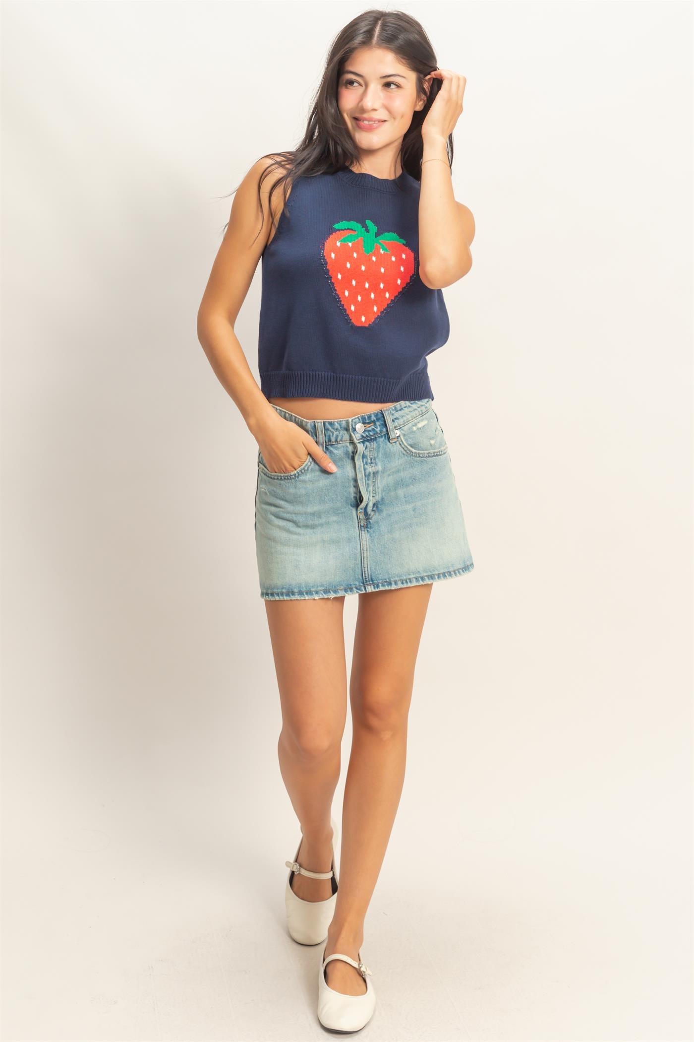 Wholesale Strawberry Sleeveless Knit Top Clothing Tops DZ26A035 NAVY DOUBLE ZERO