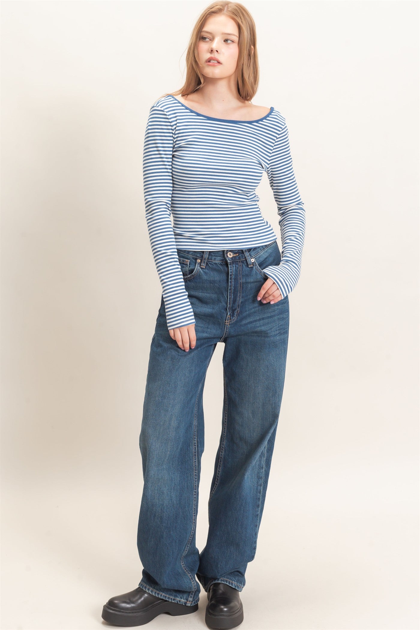 Wholesale Striped Boat Neck Long Sleeve Top Clothing Tops HF26F080 BLUE/WHITE HYFVE