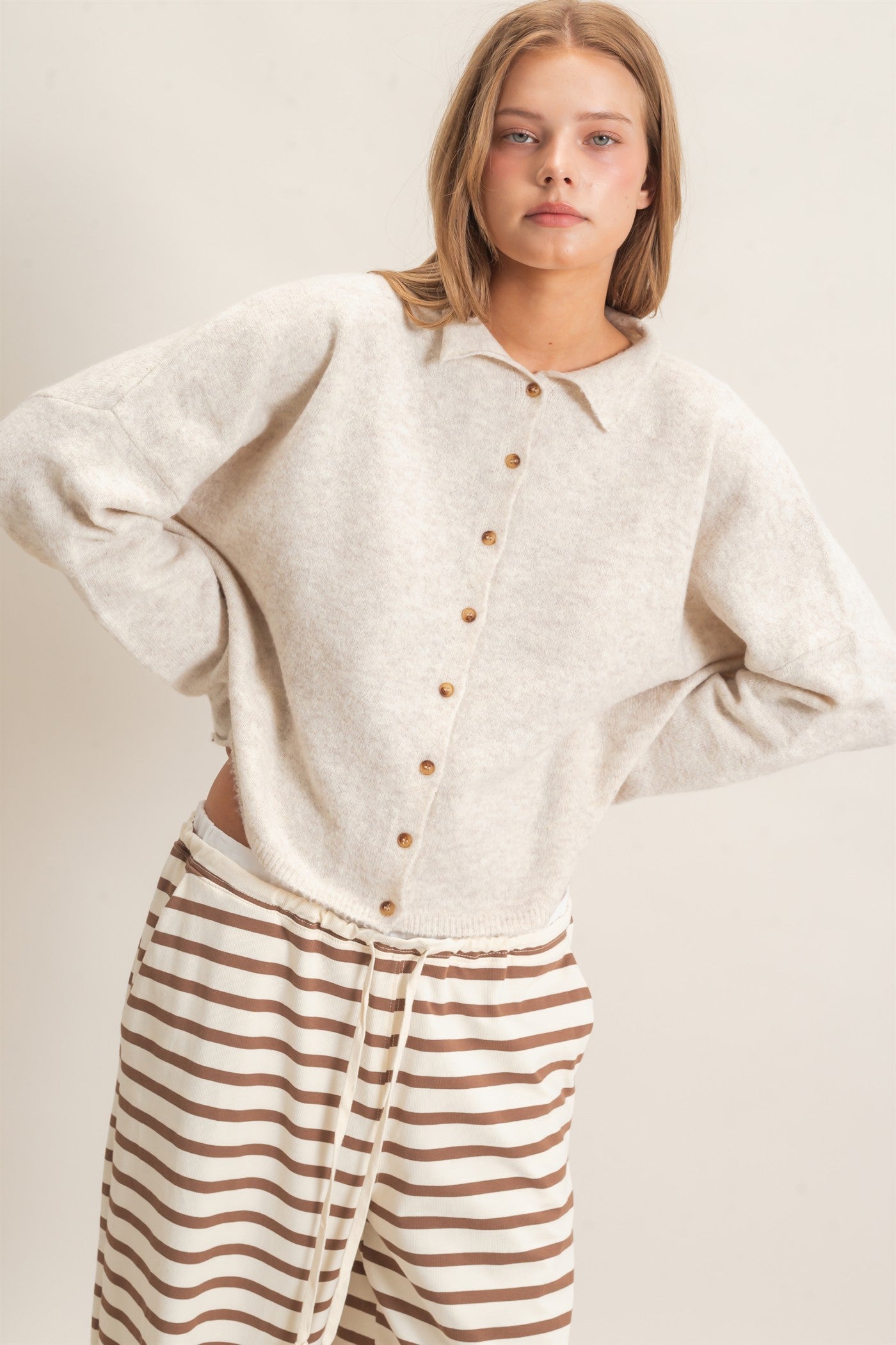 Wholesale Button-Up Collared Sweater Cardigan Cardigans HF26E039 OATMEAL HYFVE