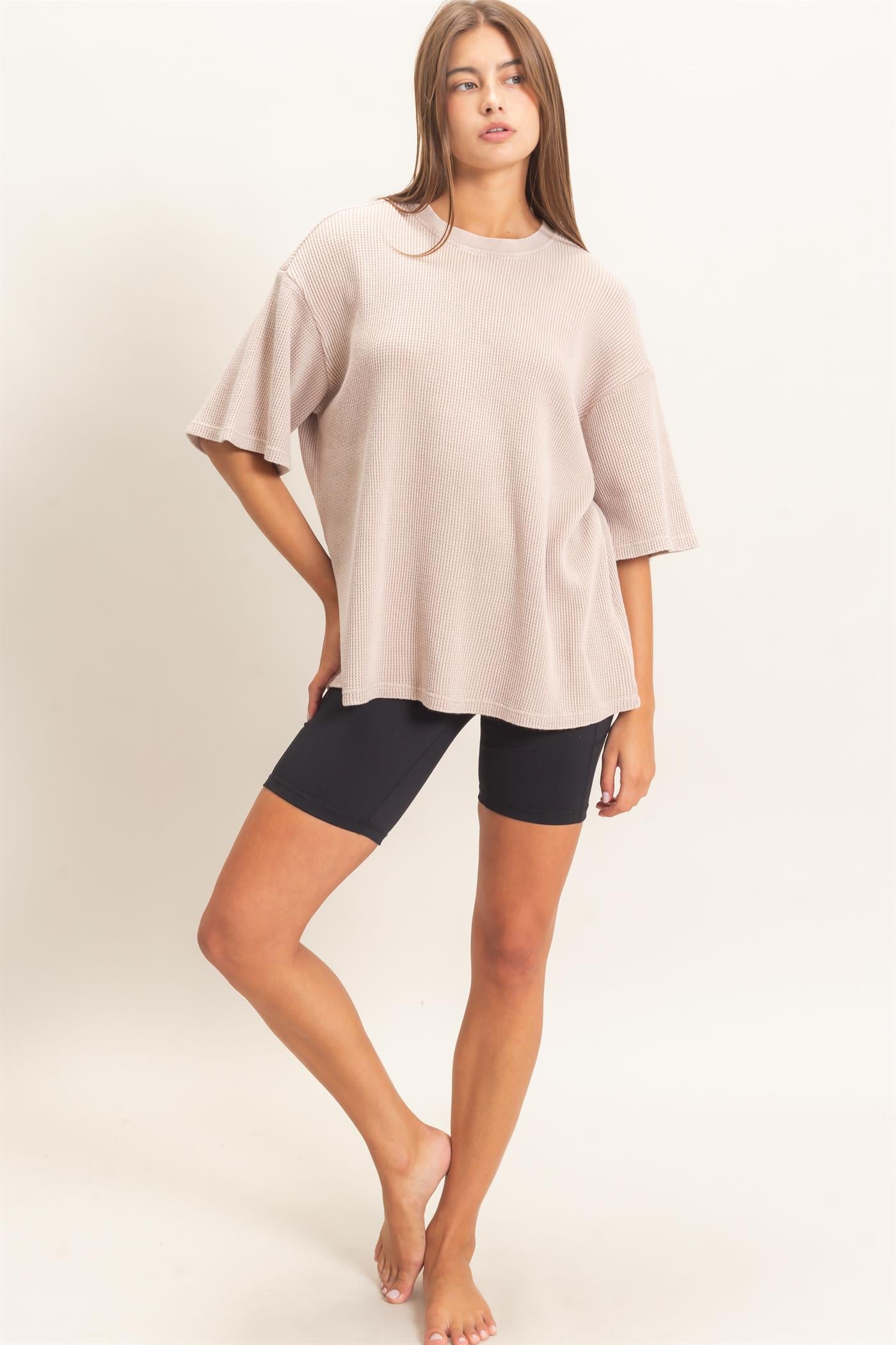 Wholesale Mineral Wash Waffle Crew Neck Short Sleeve Top Clothing Tops DZ26E328 LIGHT TAUPE DOUBLE ZERO