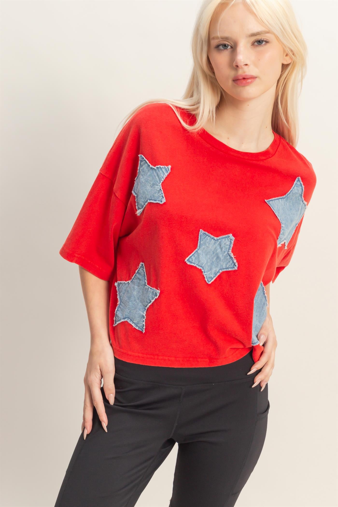 Wholesale Raw Edge Star Patch Top Clothing Tops DZ26C616 RED DOUBLE ZERO