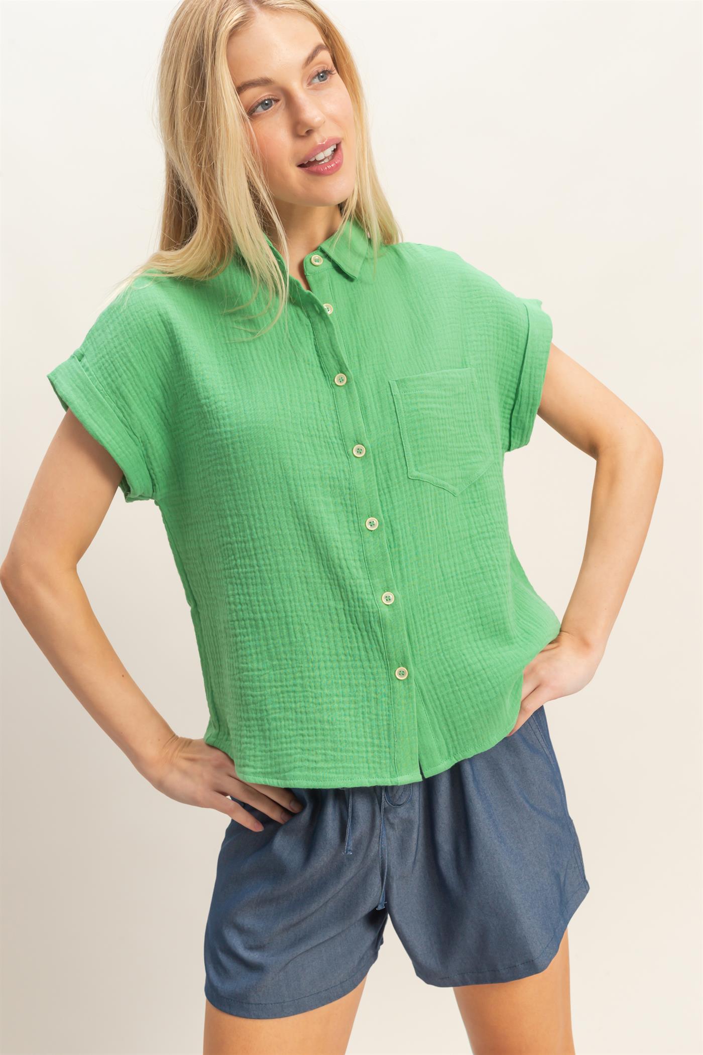 Wholesale Rolled Sleeve Button-Up Top Clothing Tops HF26E526 GREEN HYFVE