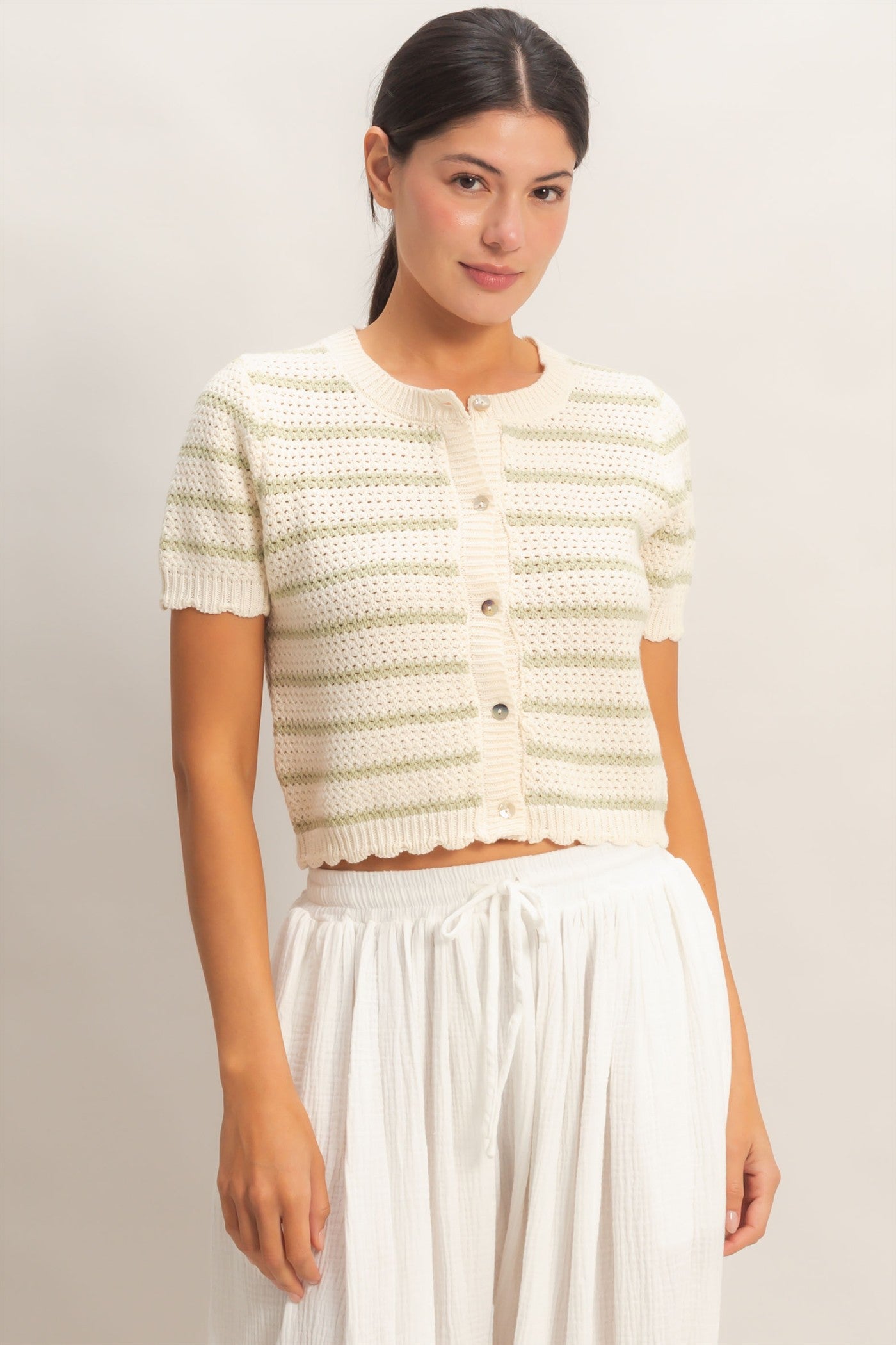 Wholesale Striped Short Sleeve Cardigan With Scallop Edge Cardigans DZ26A605 SAGE GREEN DOUBLE ZERO