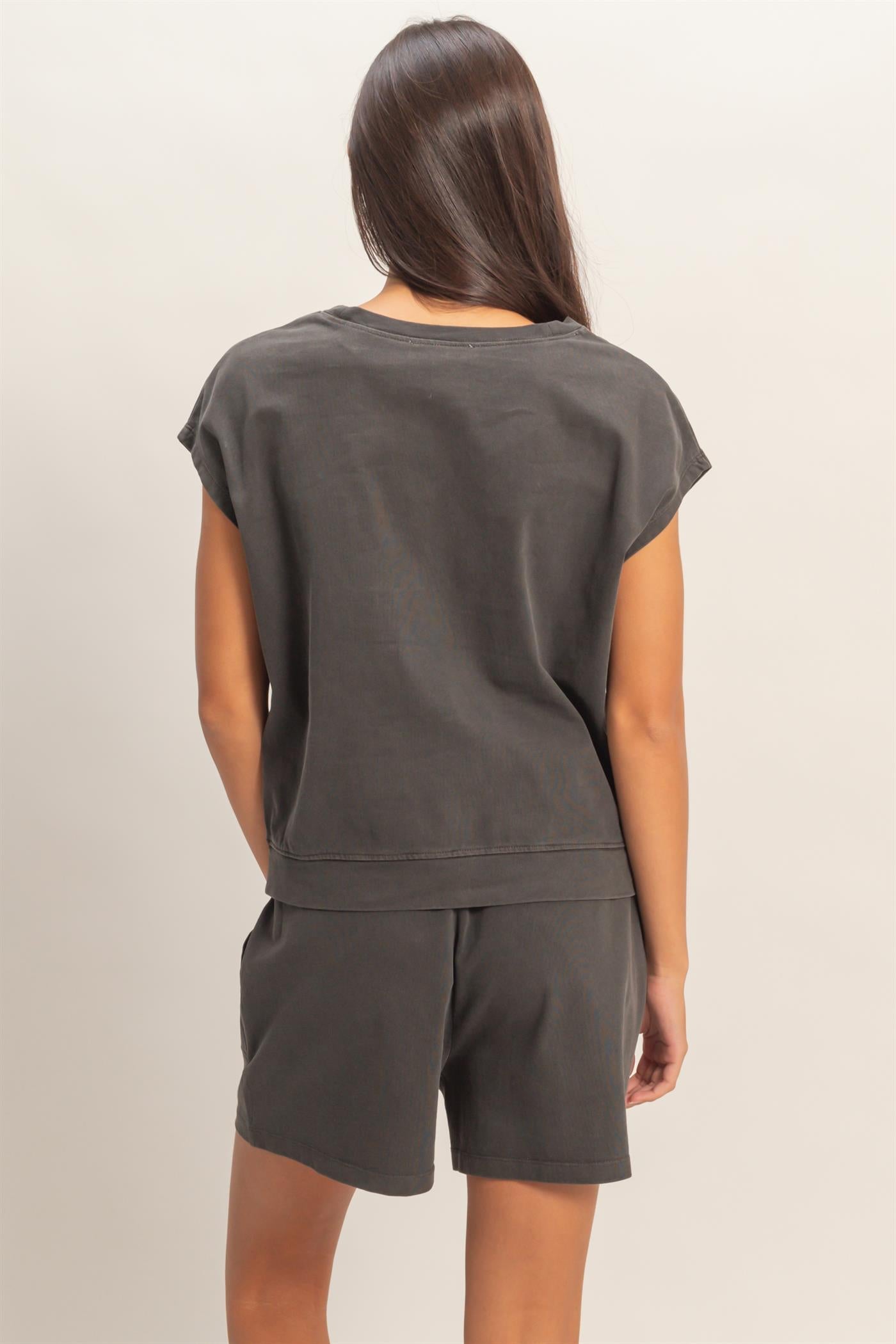 Wholesale Sleeveless Crew Neck Top and Shorts Set Clothing DZ26A028-SET BLACK DOUBLE ZERO