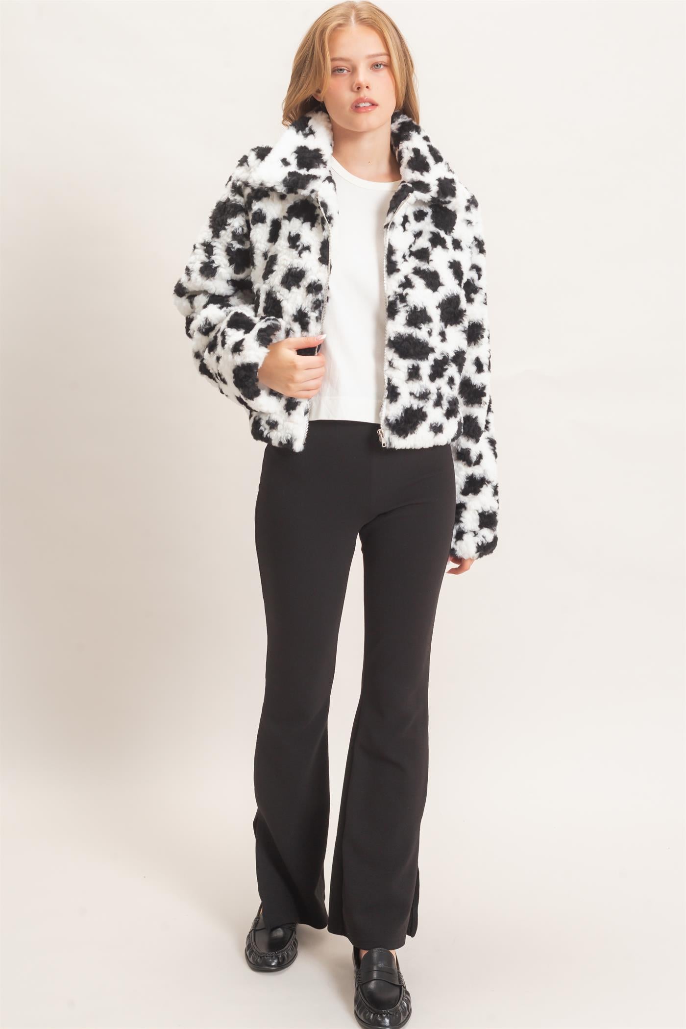 Wholesale Cow Print Faux Fur Zip-Up Jacket Coats & Jackets HF26F056 BLACK HYFVE