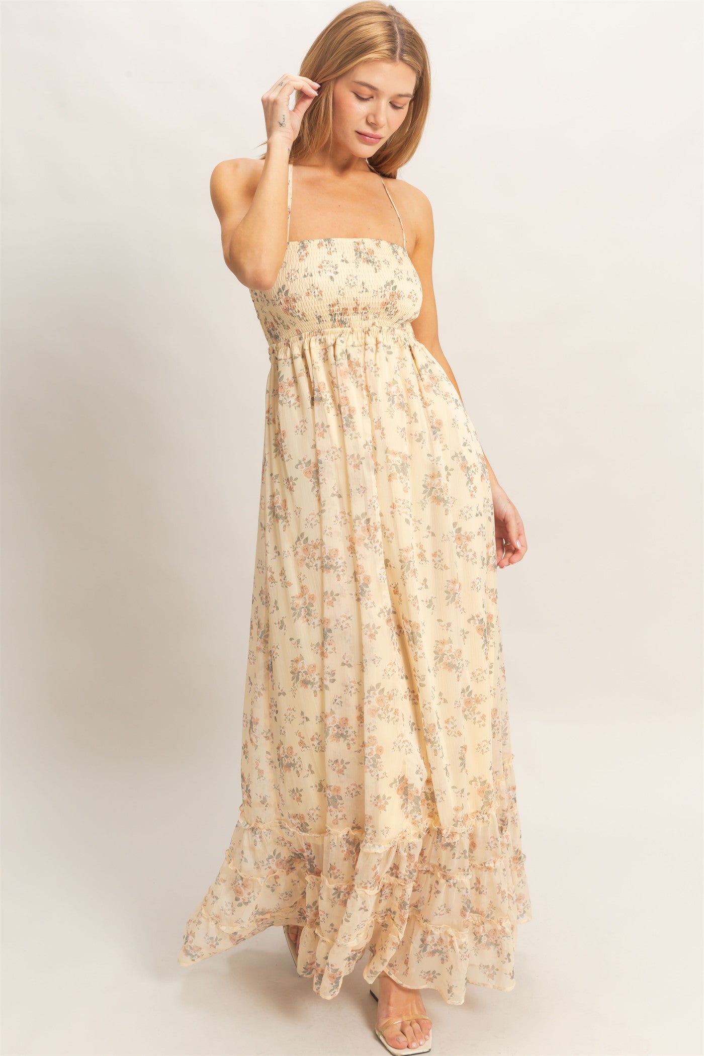 Wholesale Smocked Floral Maxi Dress Dresses HF26E648 BUFF YELLOW HYFVE