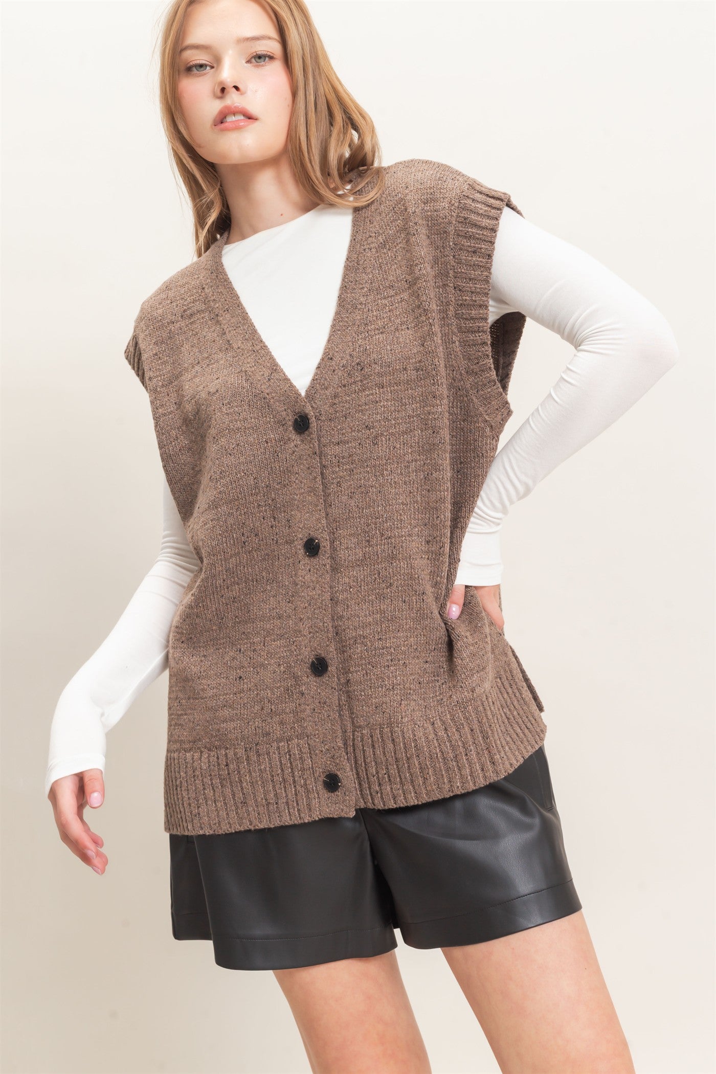 Wholesale V-Neck Knit Vest Sweaters HF26E484 MOCHA HYFVE