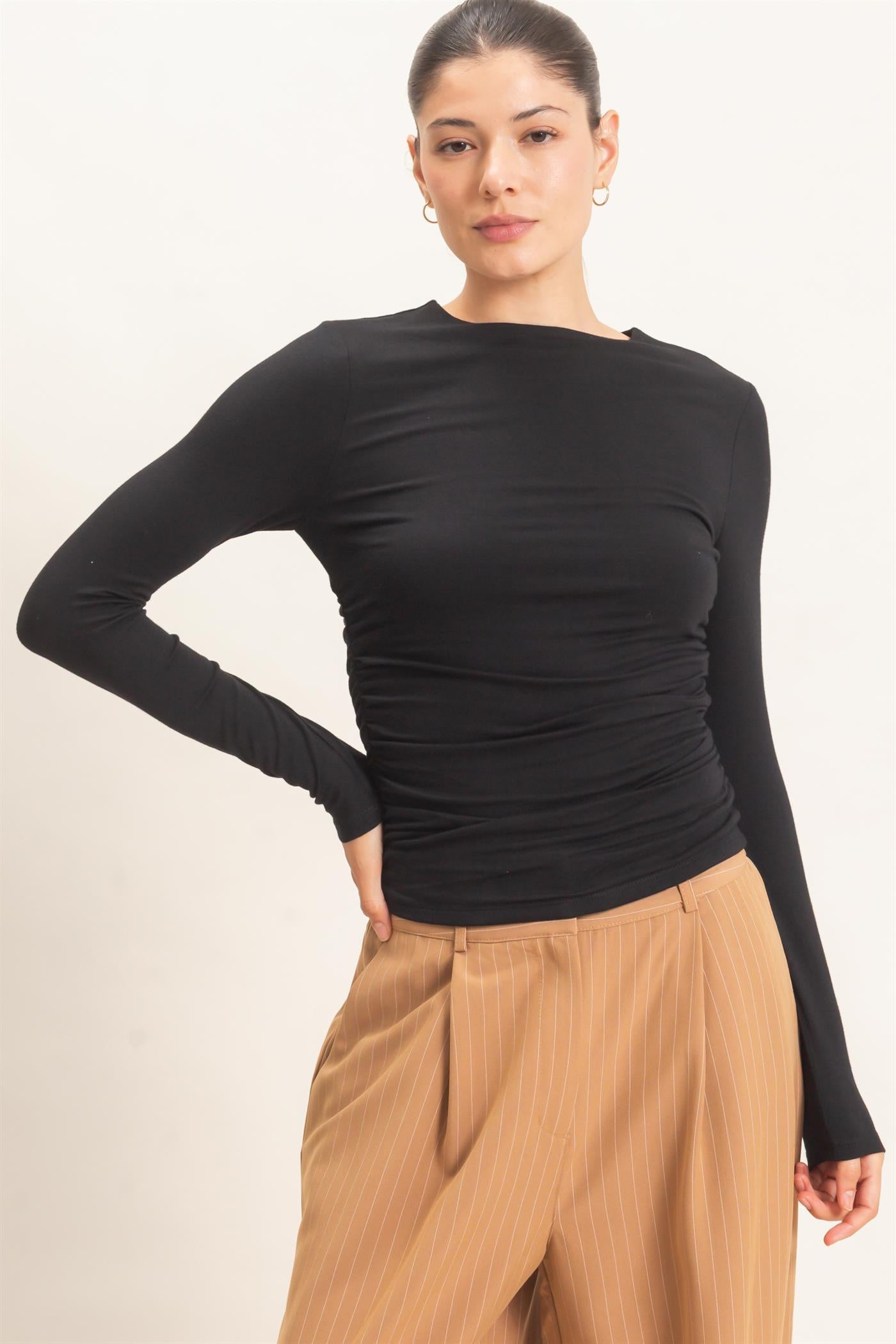 Wholesale Ruched Long Sleeve Top Clothing Tops HF26E776 BLACK HYFVE