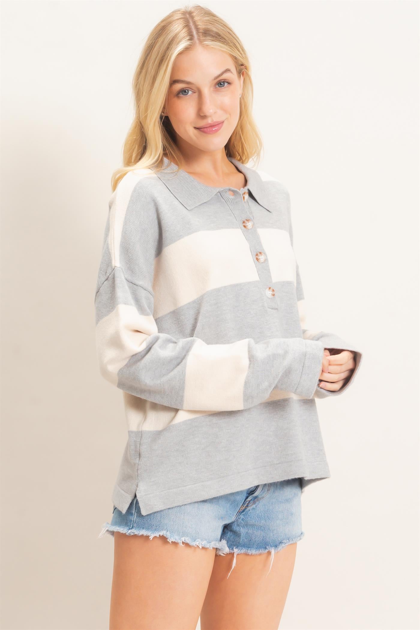 Wholesale Striped Button-Up Sweater Sweaters HF26F198 HEATHER GRAY HYFVE